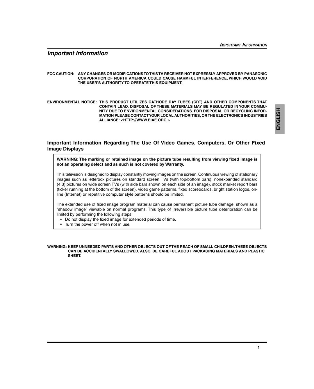 Panasonic CT-27SC15, CT 27SL15, CT 20SL15 manuel dutilisation Important Information 