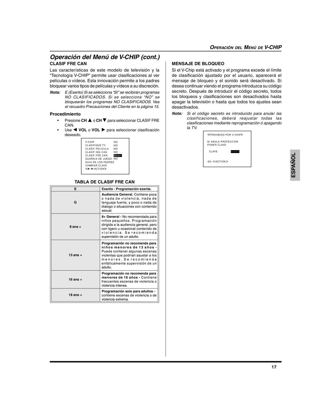 Panasonic CT-27SC15, CT 27SL15, CT 20SL15 manuel dutilisation Tabla DE Clasif FRE can, Mensaje DE Bloqueo 