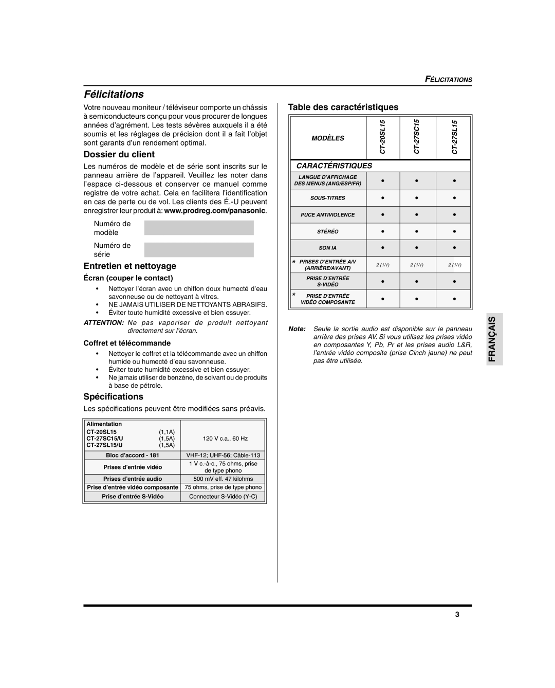 Panasonic CT-27SC15, CT 27SL15, CT 20SL15 Félicitations, Dossier du client, Entretien et nettoyage, Spécifications 