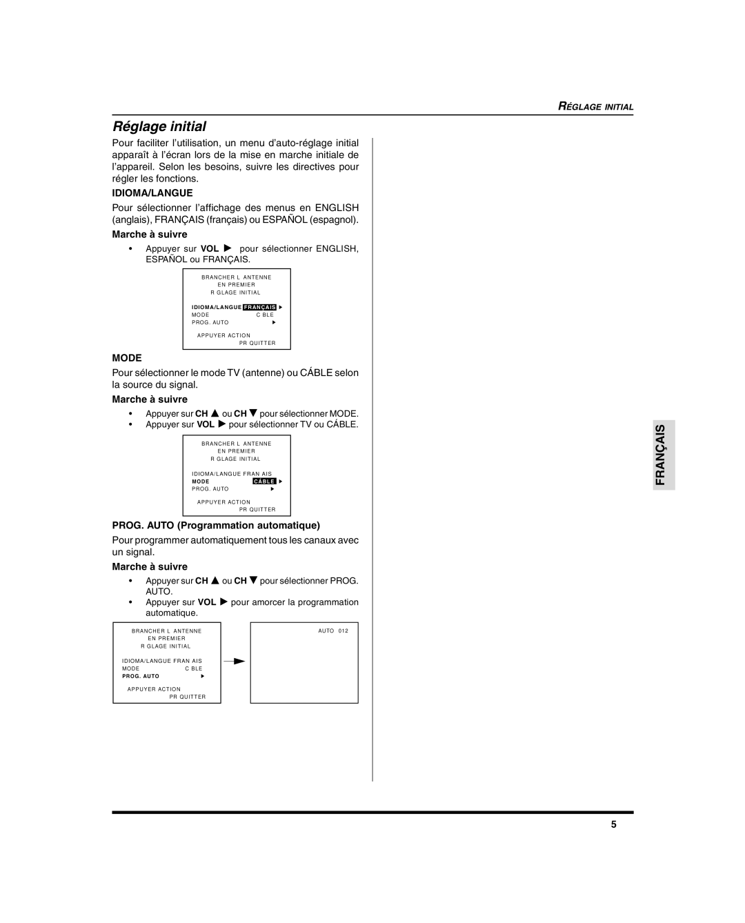 Panasonic CT 20SL15, CT-27SC15, CT 27SL15 manuel dutilisation Réglage initial, PROG. Auto Programmation automatique 