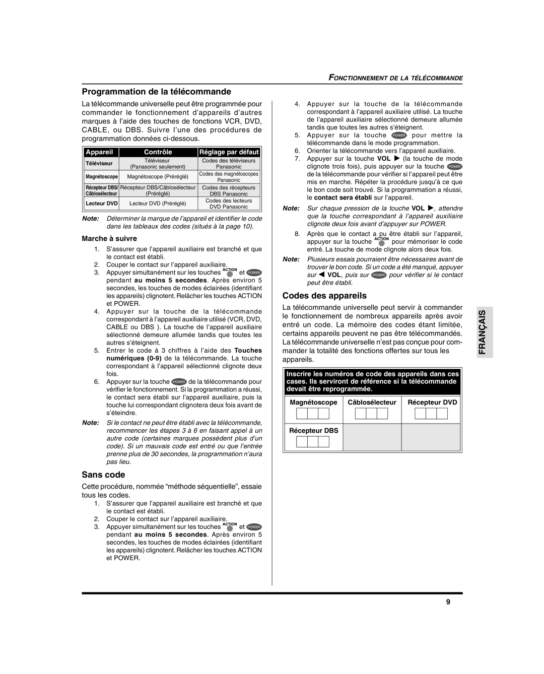 Panasonic CT-27SC15, CT 27SL15 Programmation de la télécommande, Sans code, Codes des appareils, Le contact est établi 