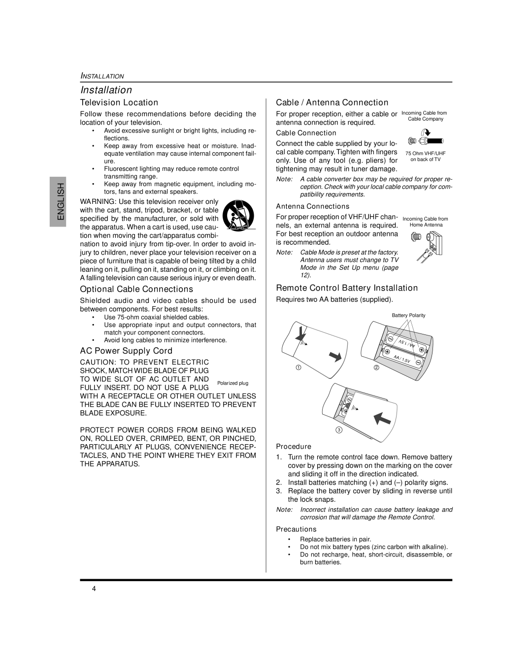 Panasonic CT-27SC15, CT 27SL15, CT 20SL15 manuel dutilisation Installation 