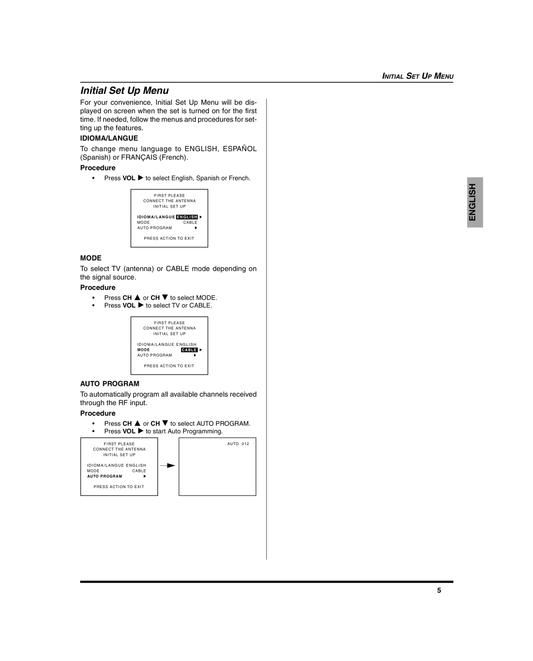 Panasonic CT 27SL15 Initial Set Up Menu, Idioma/Langue, Mode, Auto Program, Press VOL to select English, Spanish or French 