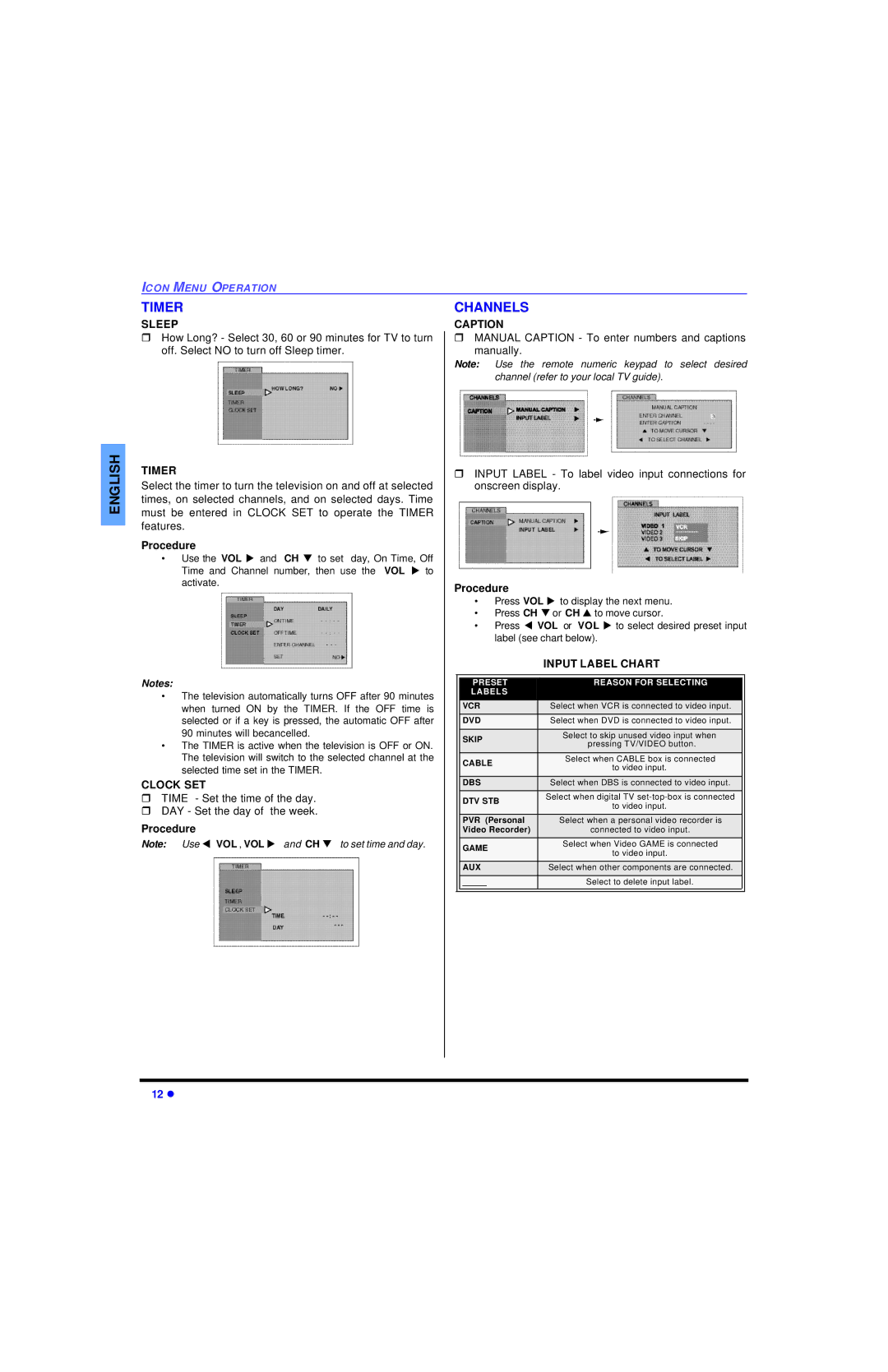 Panasonic CT 27SL13, CT 20SL13 operating instructions Timer, Channels 