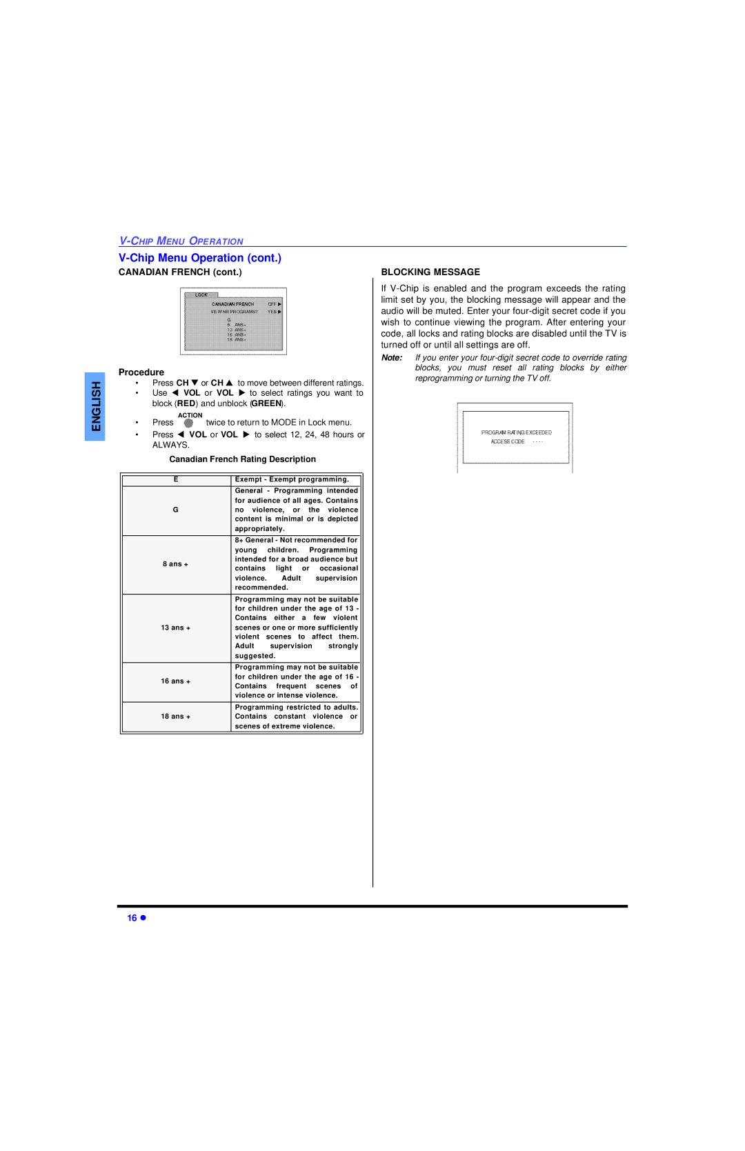 Panasonic CT 27SL13, CT 20SL13 operating instructions Canadian French Procedure, Blocking Message 