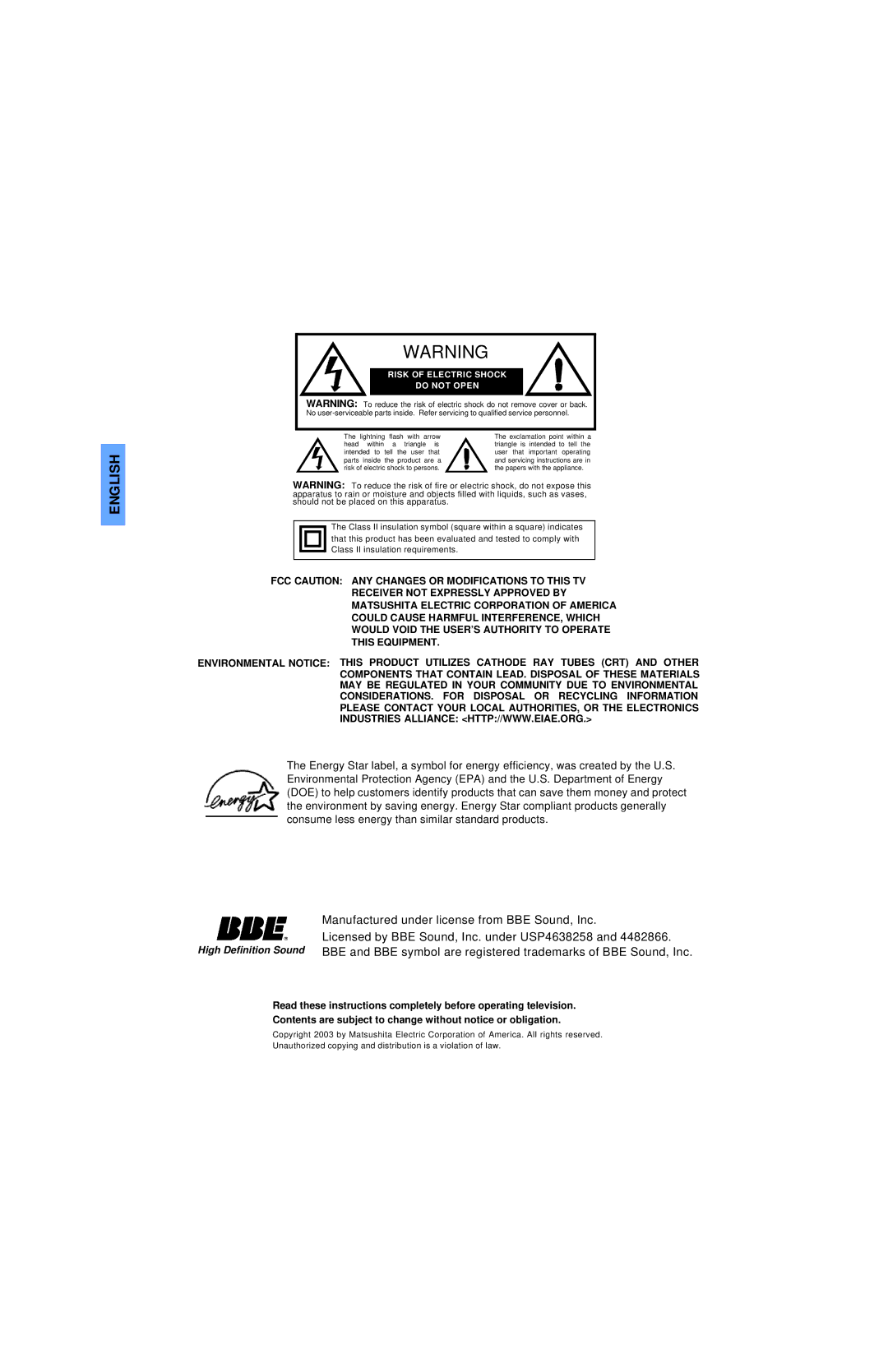 Panasonic CT 27SL13, CT 20SL13 operating instructions English 