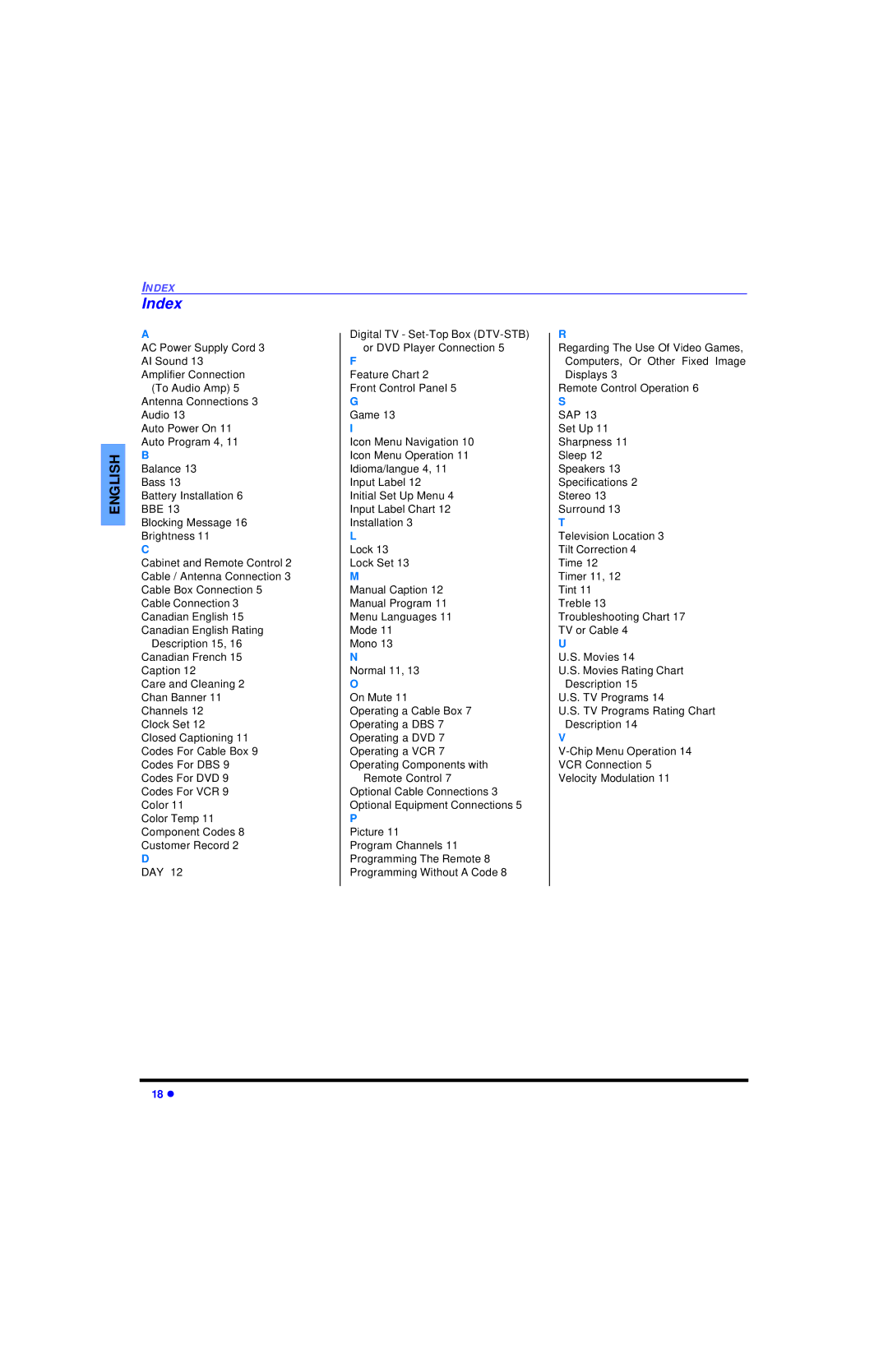 Panasonic CT 27SL13, CT 20SL13 operating instructions Index 