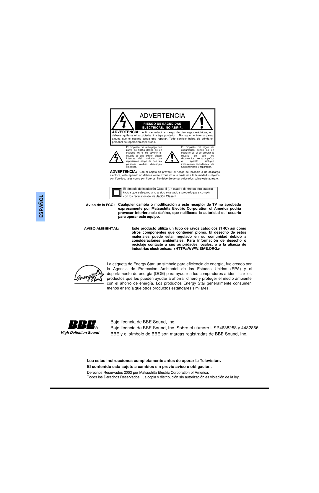 Panasonic CT 20SL13, CT 27SL13 operating instructions Advertencia 