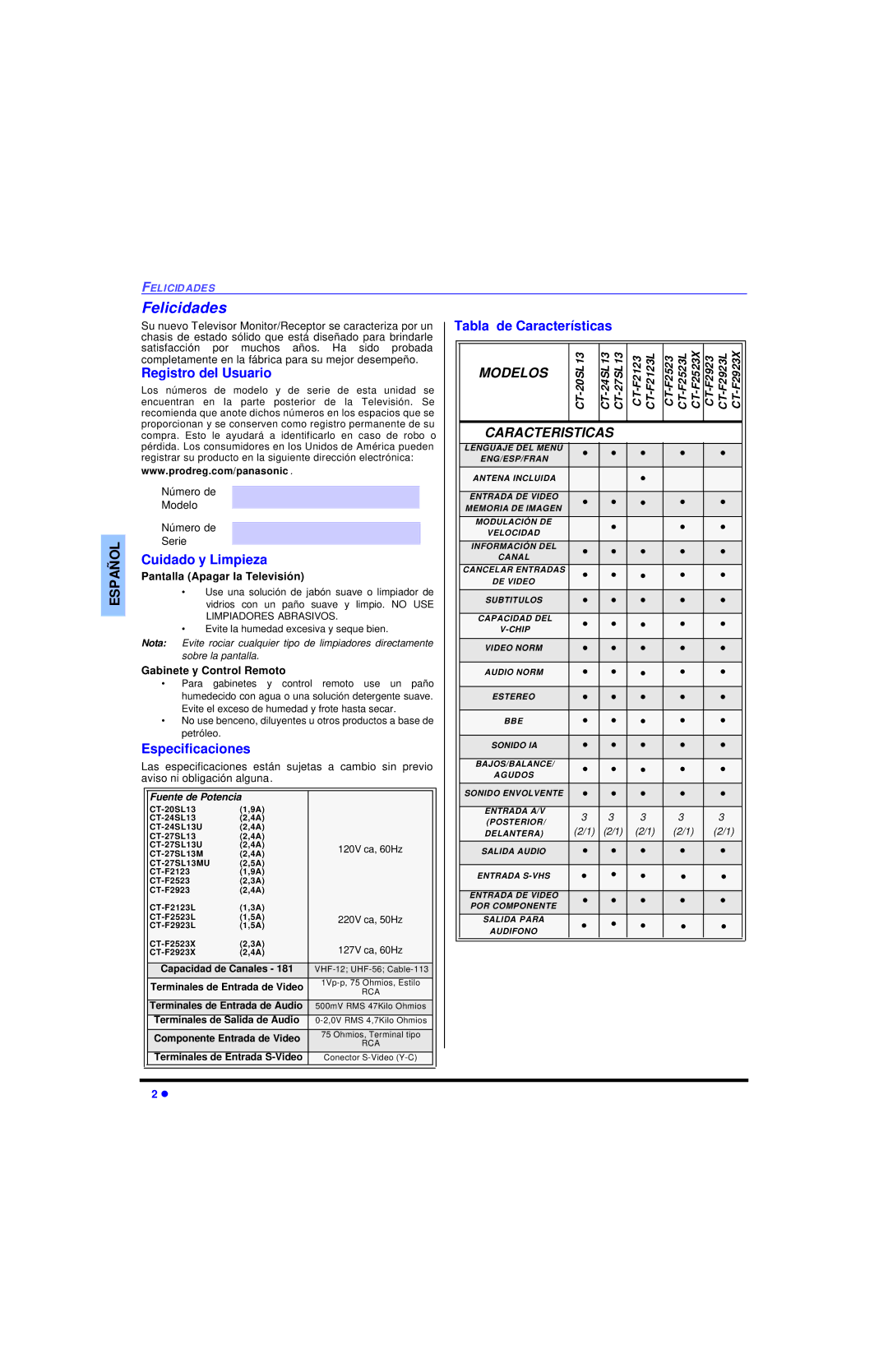 Panasonic CT 27SL13 Felicidades, Registro del Usuario, Tabla de Características, Cuidado y Limpieza, Especificaciones 