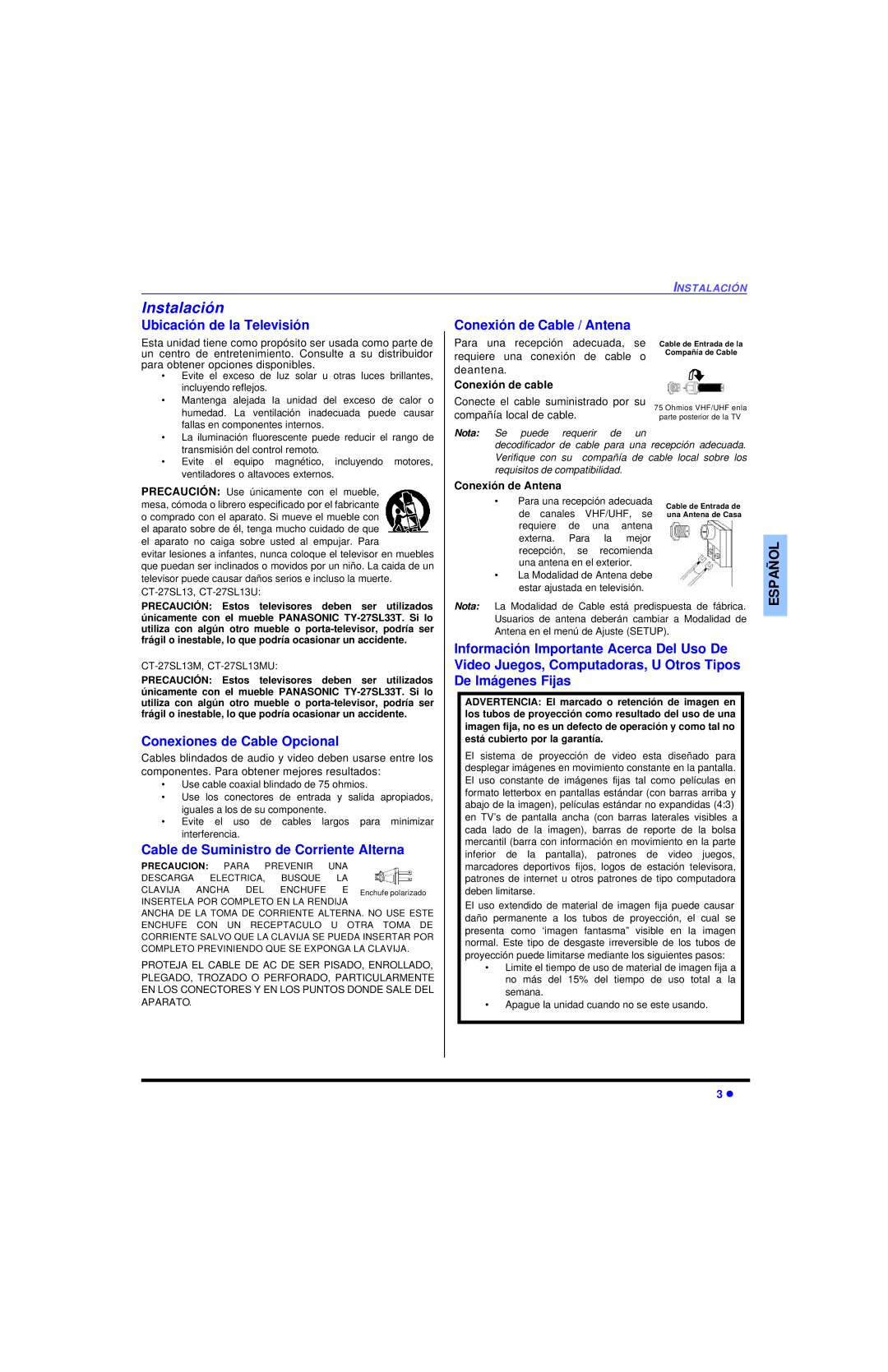 Panasonic CT 20SL13 Instalación, Ubicación de la Televisión, Conexión de Cable / Antena, Conexiones de Cable Opcional 