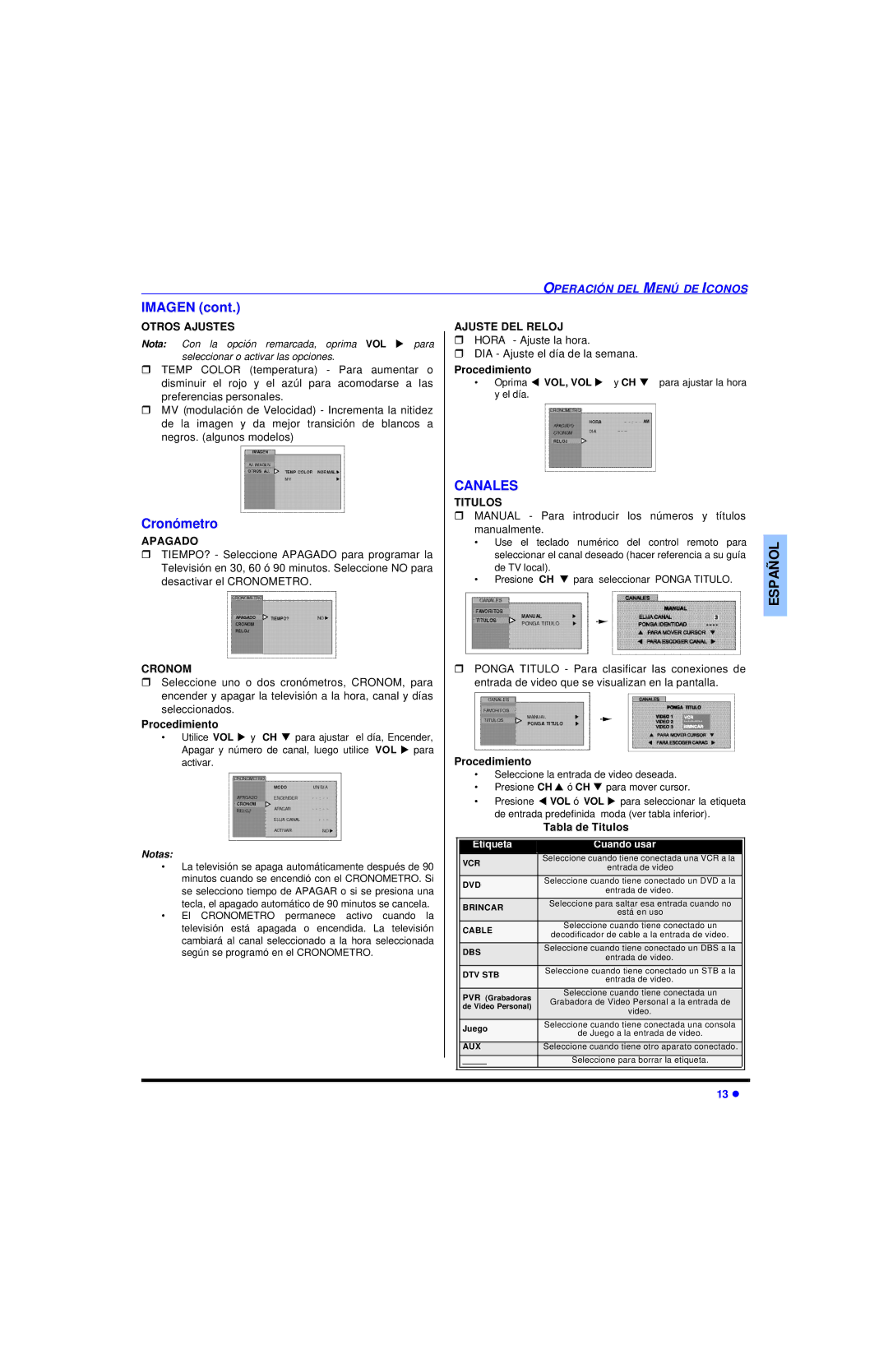 Panasonic CT 27SL13, CT 20SL13 operating instructions Imagen, Cronómetro, Canales 