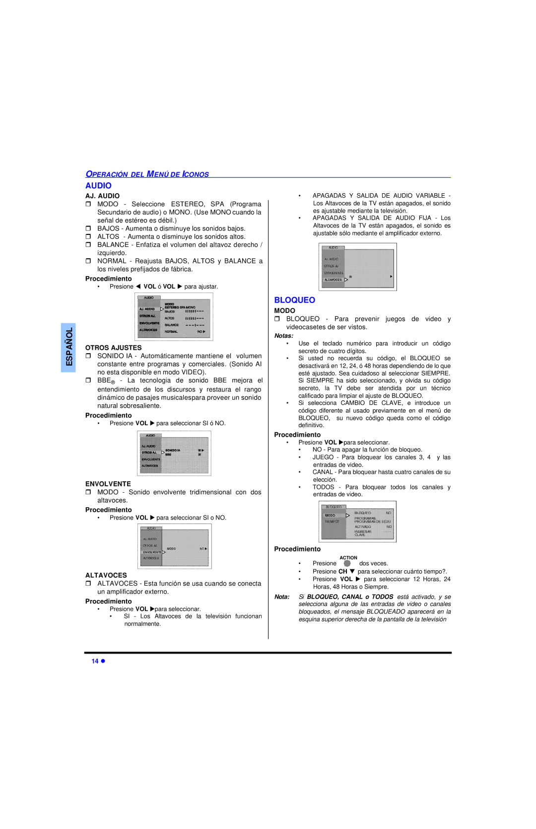 Panasonic CT 27SL13, CT 20SL13 operating instructions Bloqueo, AJ. Audio, Envolvente, Altavoces 