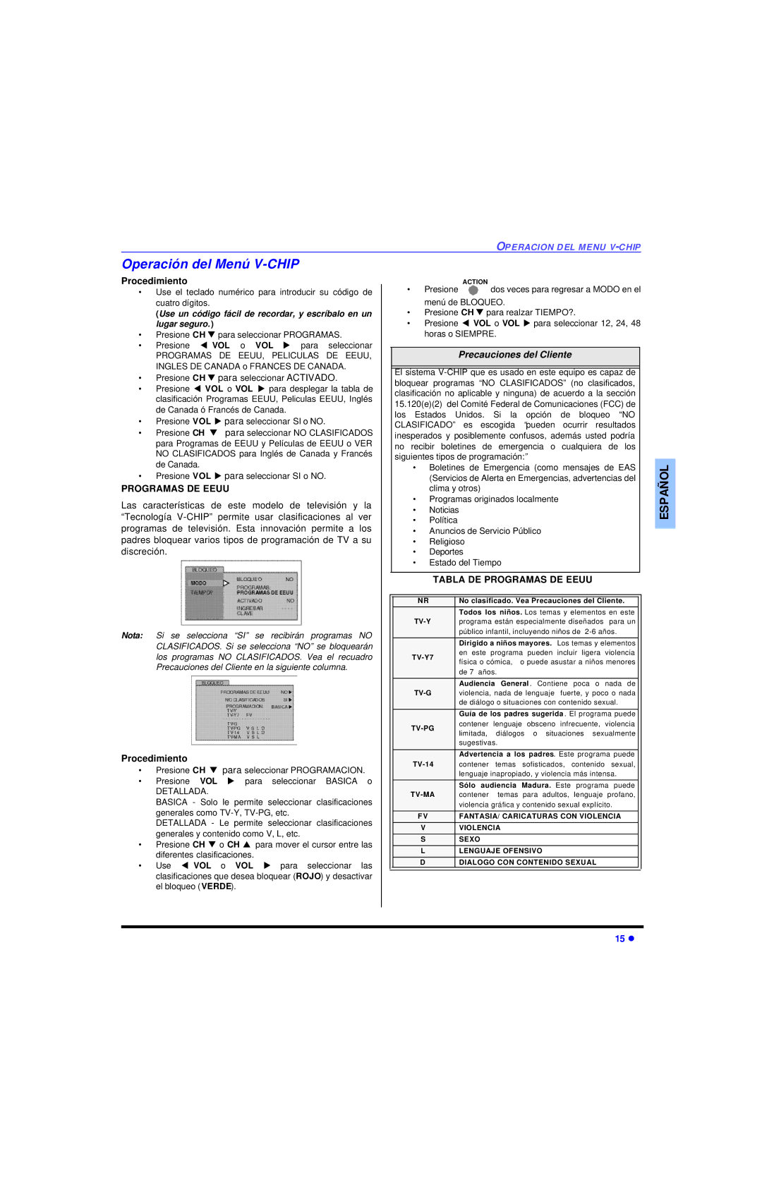 Panasonic CT 20SL13, CT 27SL13 operating instructions Operación del Menú V-CHIP, Tabla DE Programas DE Eeuu 