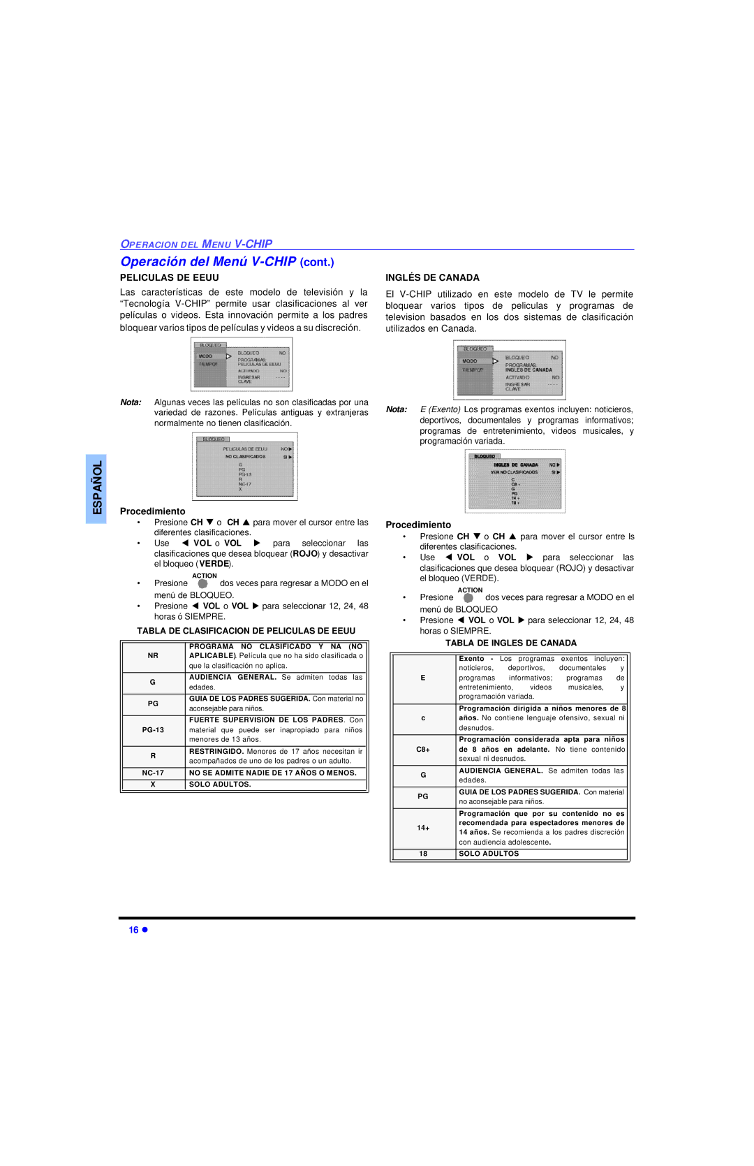 Panasonic CT 27SL13, CT 20SL13 operating instructions Peliculas DE Eeuu, Inglés DE Canada 