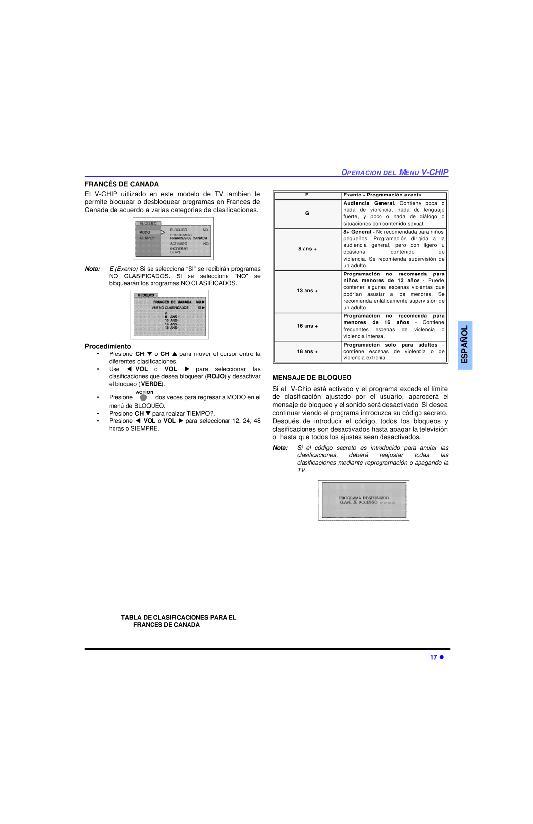 Panasonic CT 27SL13, CT 20SL13 operating instructions Francés DE Canada, Mensaje DE Bloqueo 