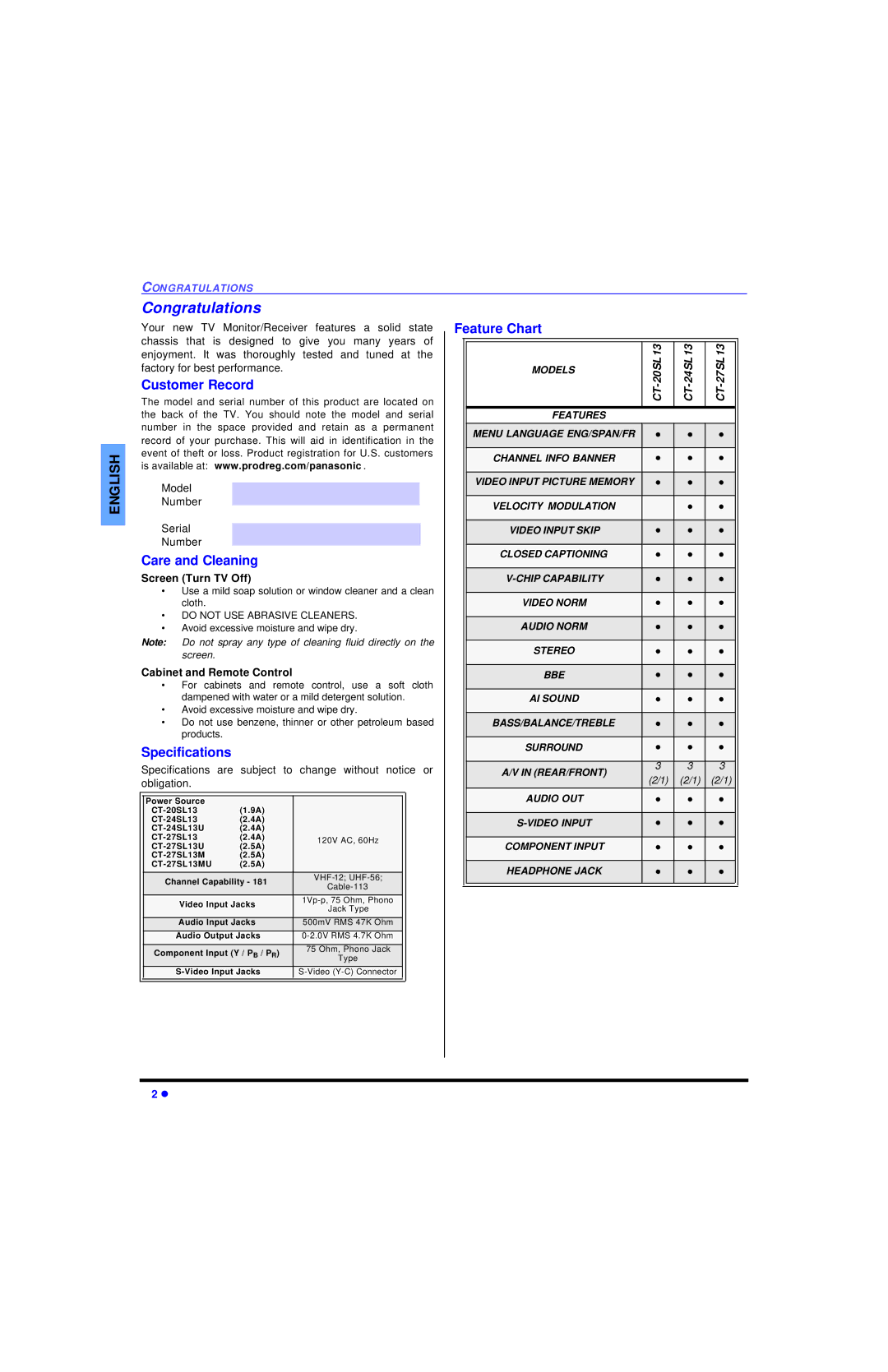 Panasonic CT 20SL13, CT 27SL13 Congratulations, Customer Record, Care and Cleaning, Specifications, Feature Chart 