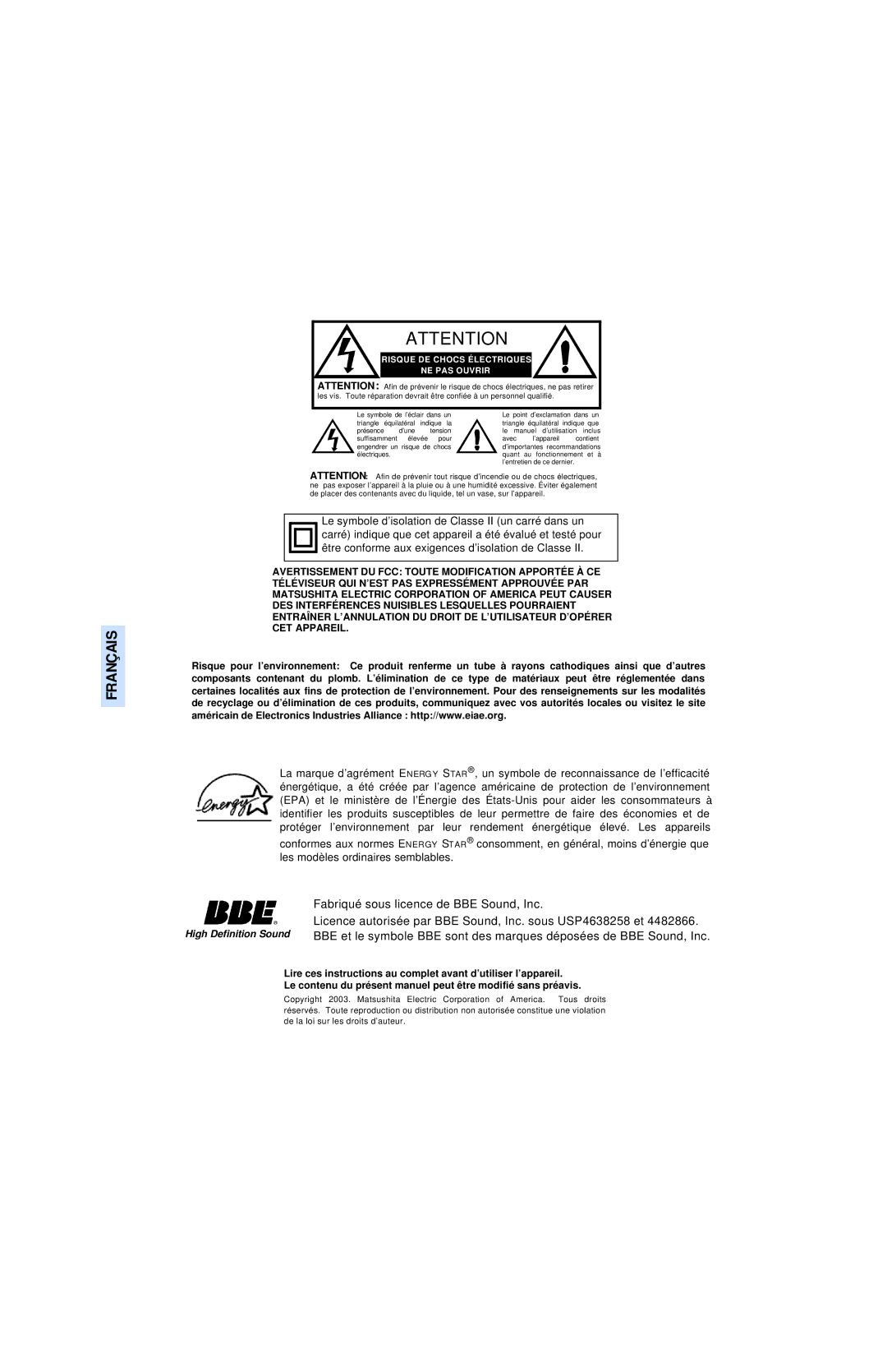 Panasonic CT 27SL13, CT 20SL13 operating instructions Français 