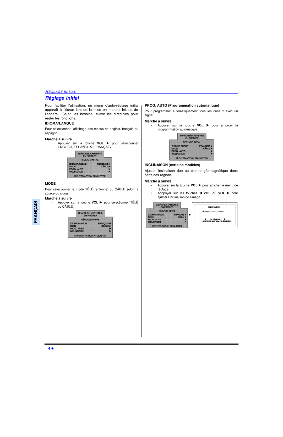 Panasonic CT 20SL13 Réglage initial, Marche à suivre, PROG. Auto Programmation automatique, Inclinaison certains modèles 