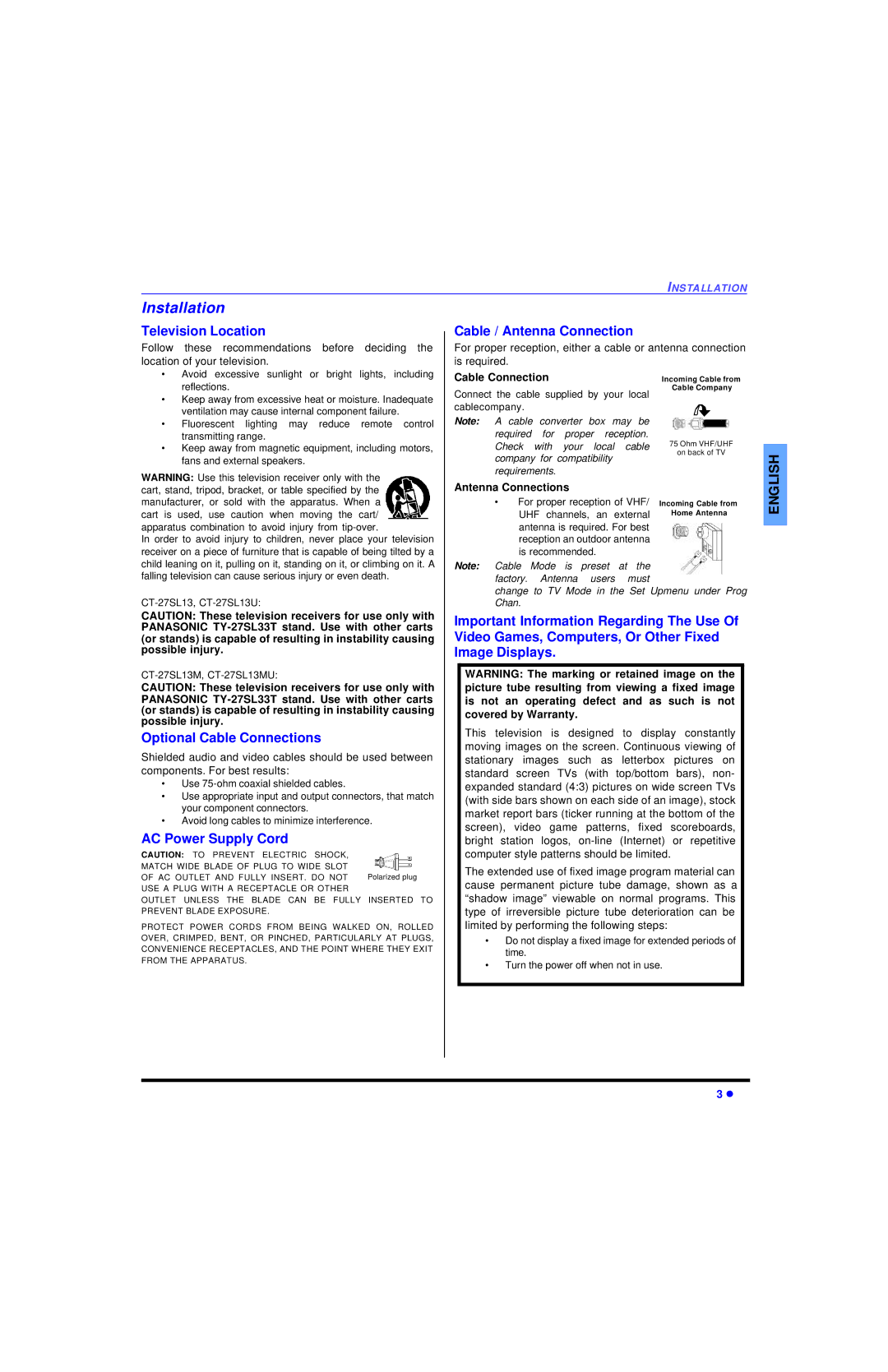 Panasonic Installation, Television Location, Cable / Antenna Connection, Optional Cable Connections, AC Power Supply Cord 