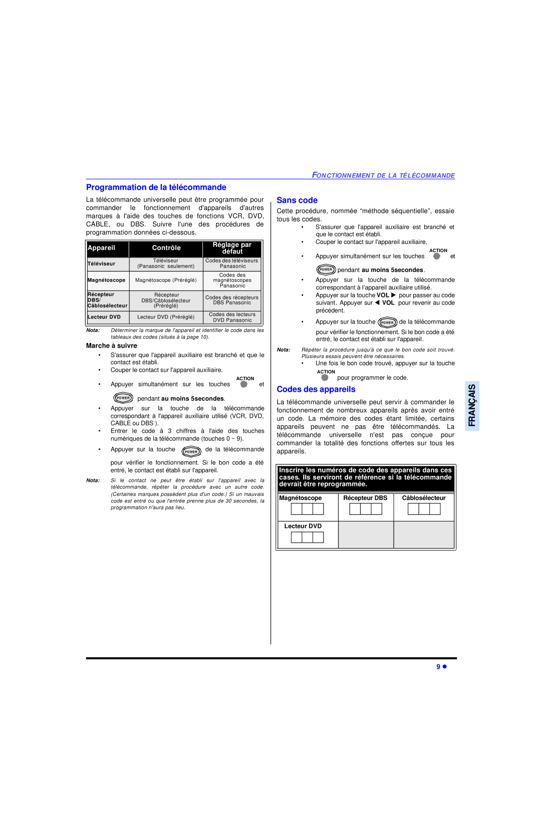 Panasonic CT 27SL13, CT 20SL13 operating instructions Programmation de la télécommande, Sans code, Codes des appareils 