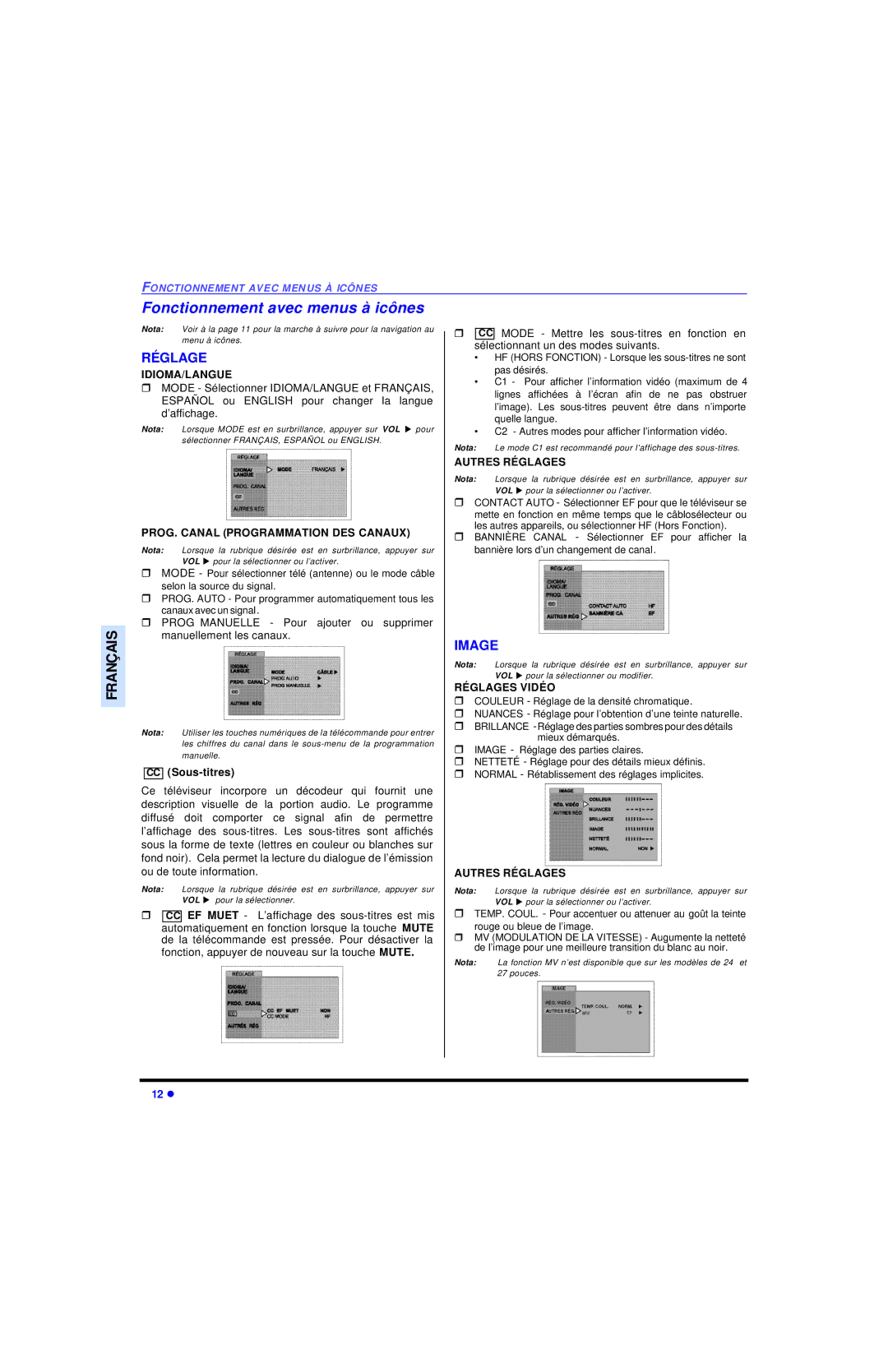 Panasonic CT 27SL13, CT 20SL13 operating instructions Fonctionnement avec menus à icônes, Réglage, Image 