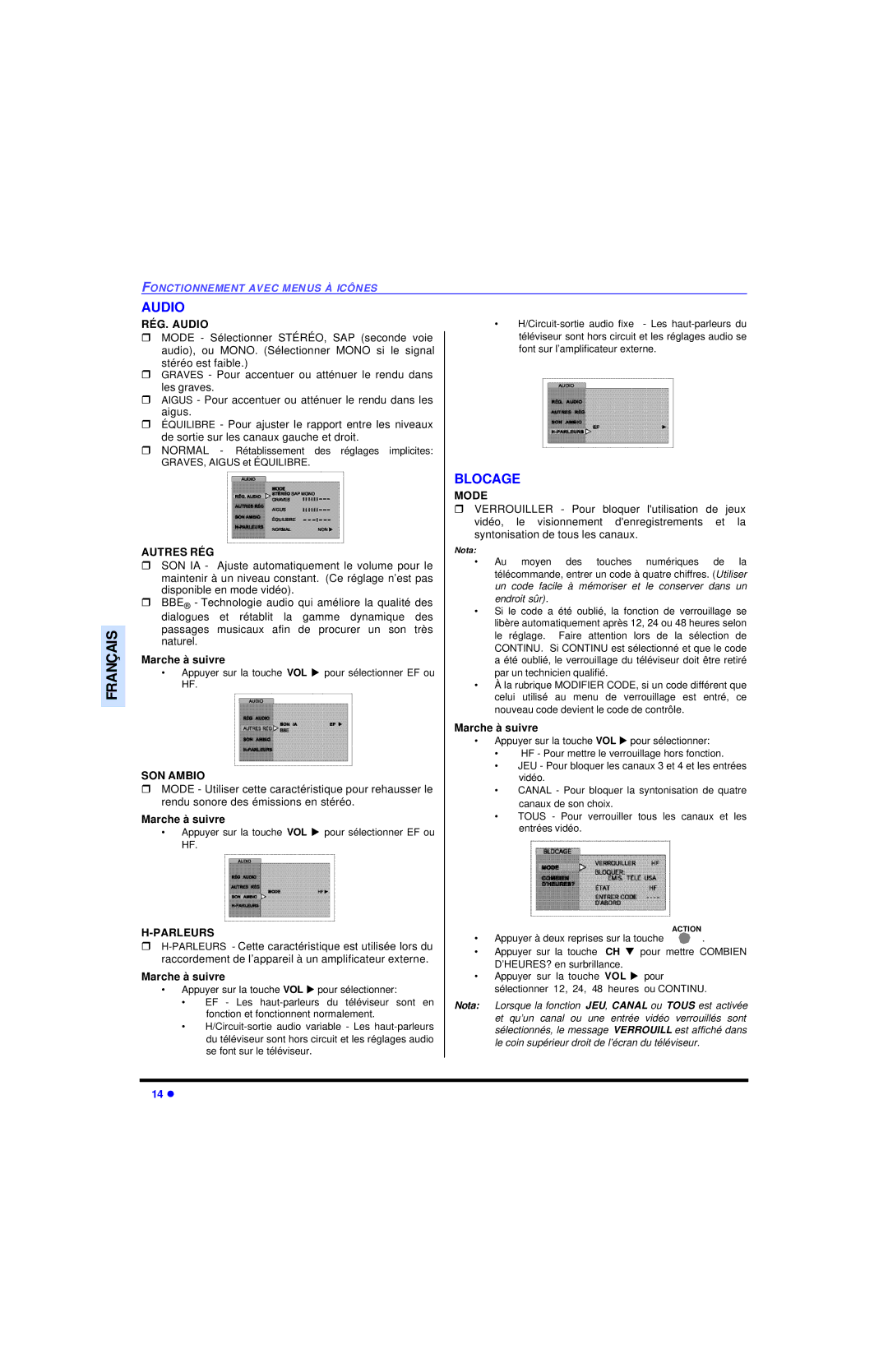 Panasonic CT 27SL13, CT 20SL13 operating instructions Blocage, RÉG. Audio, Autres RÉG, SON Ambio, Parleurs 