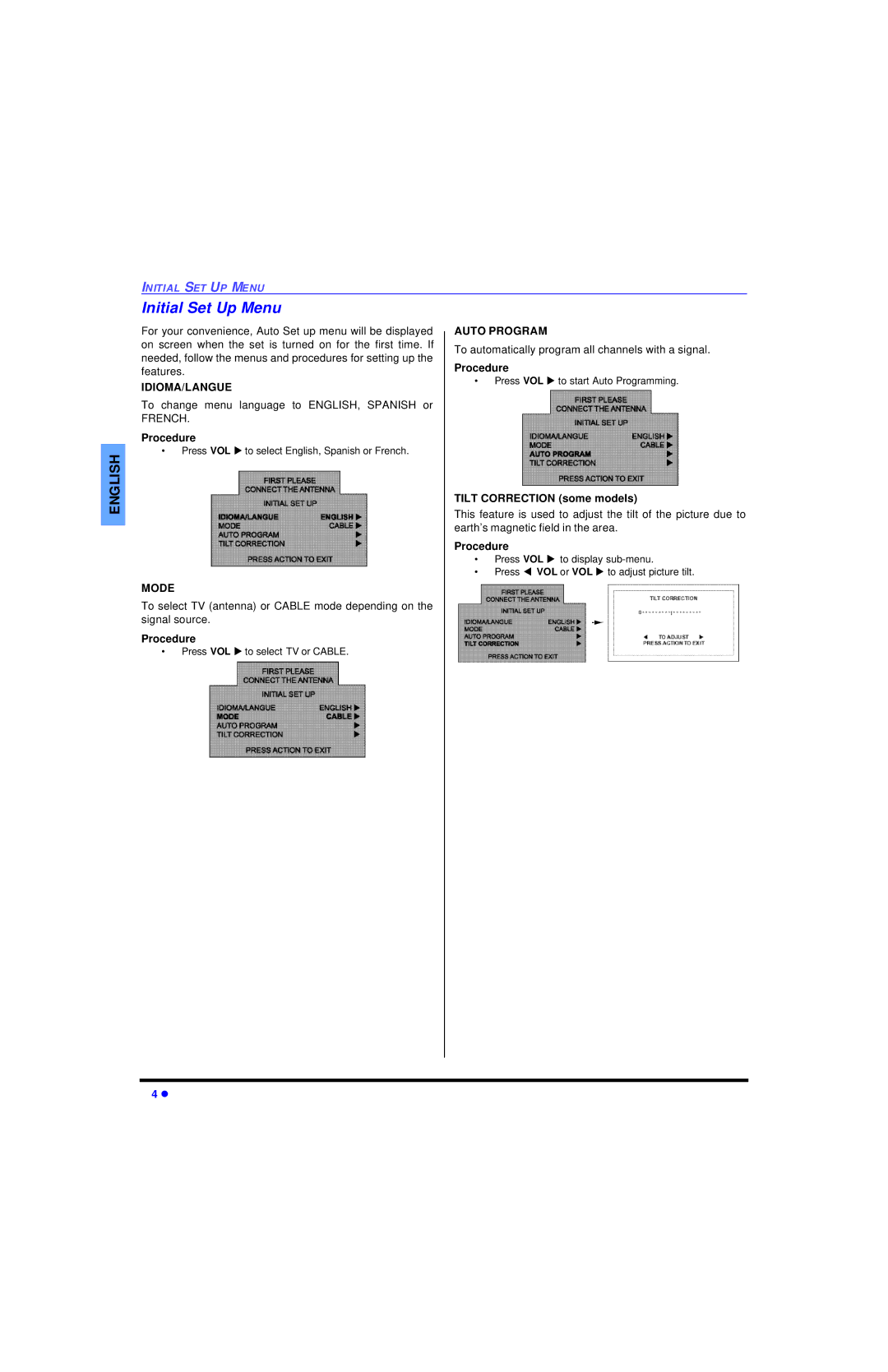 Panasonic CT 27SL13, CT 20SL13 operating instructions Initial Set Up Menu, Idioma/Langue, Mode, Auto Program 