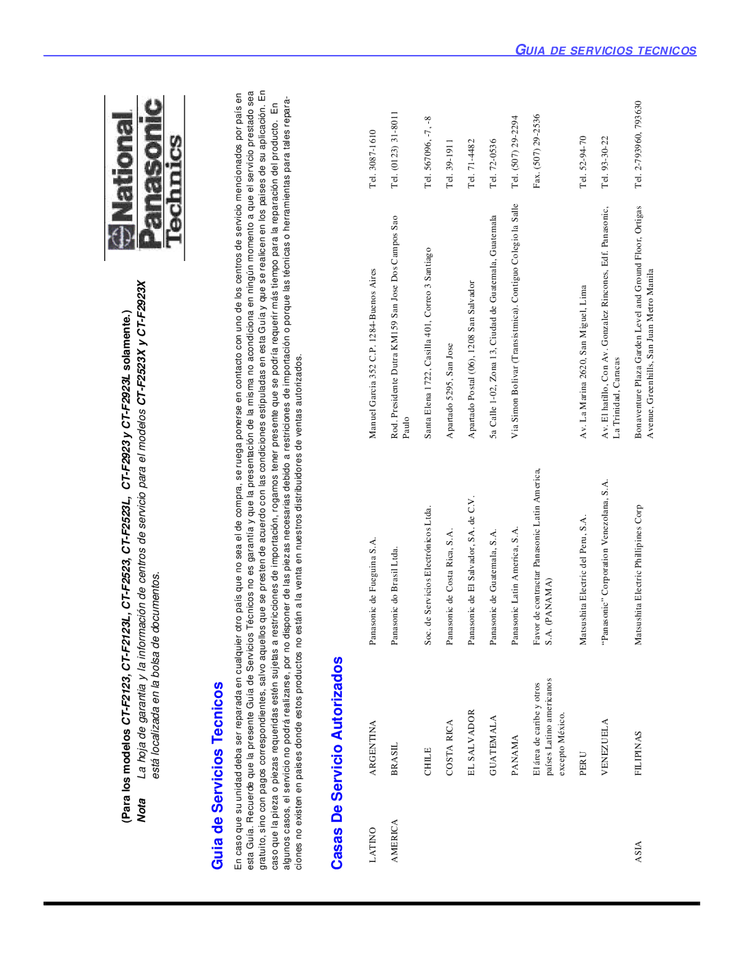 Panasonic CT 27SL13, CT 20SL13 operating instructions Guia de Servicios Tecnicos, Casas De Servicio Autorizados 