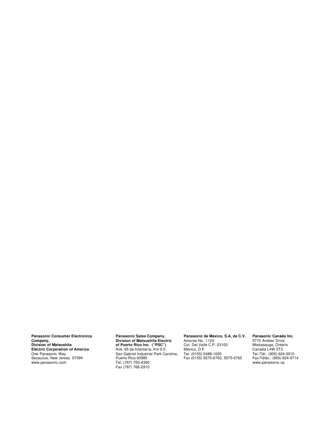 Panasonic CT 27SL13, CT 20SL13 operating instructions Division of Matsushita Puerto Rico Inc. PSC 