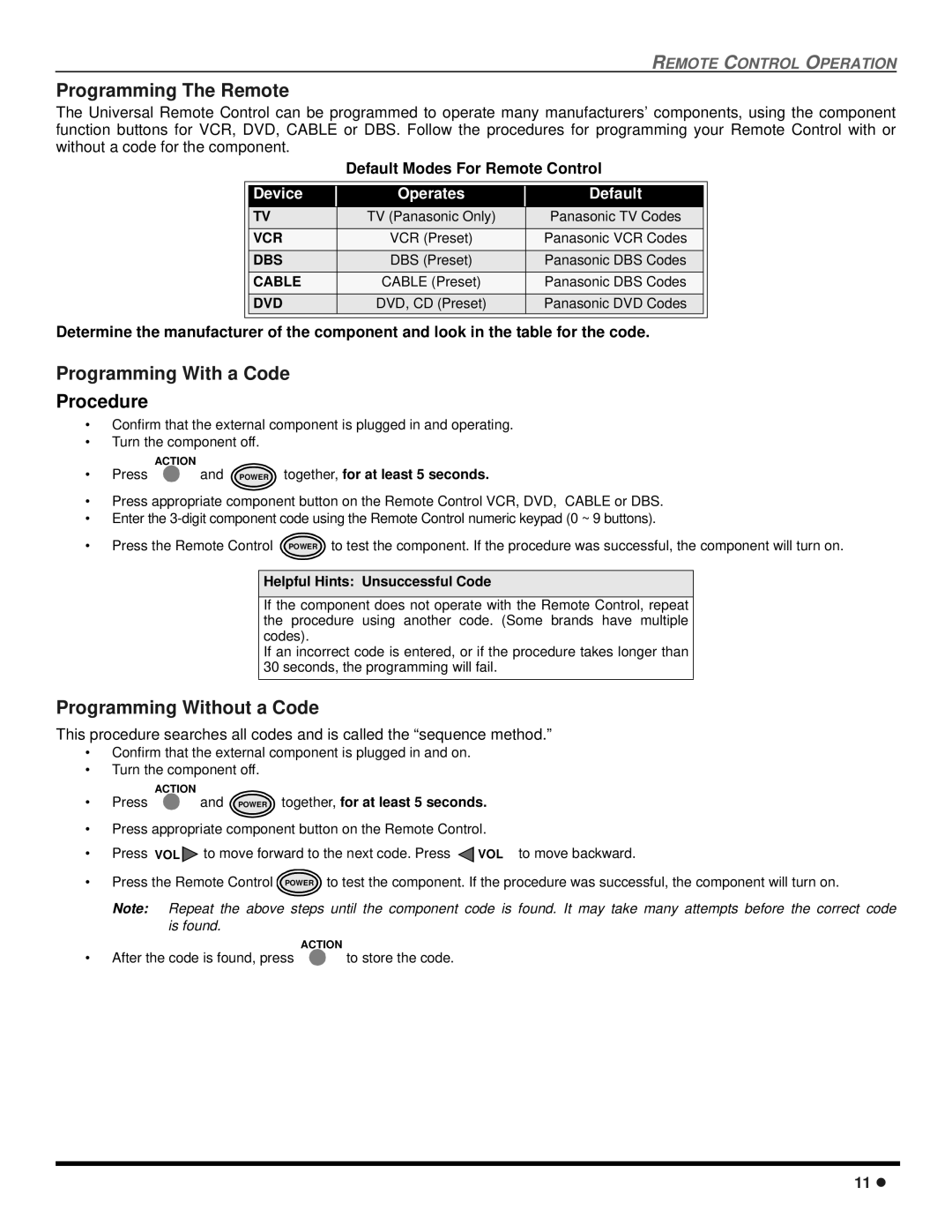 Panasonic CT 24SX12, CT 27SX12 Programming The Remote, Programming With a Code, Programming Without a Code 