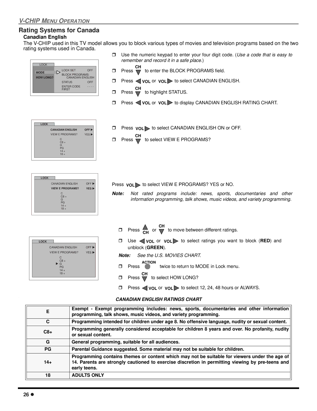 Panasonic CT 27SX12, CT 24SX12 manuel dutilisation Rating Systems for Canada, Canadian English 