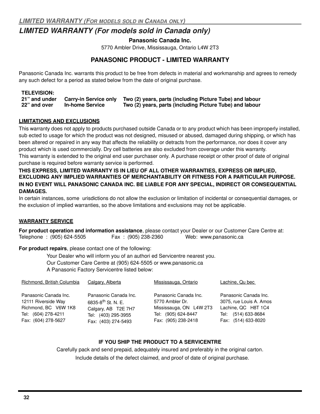 Panasonic CT 27SX12, CT 24SX12 Limited Warranty For models sold in Canada only, Television, Limitations and Exclusions 