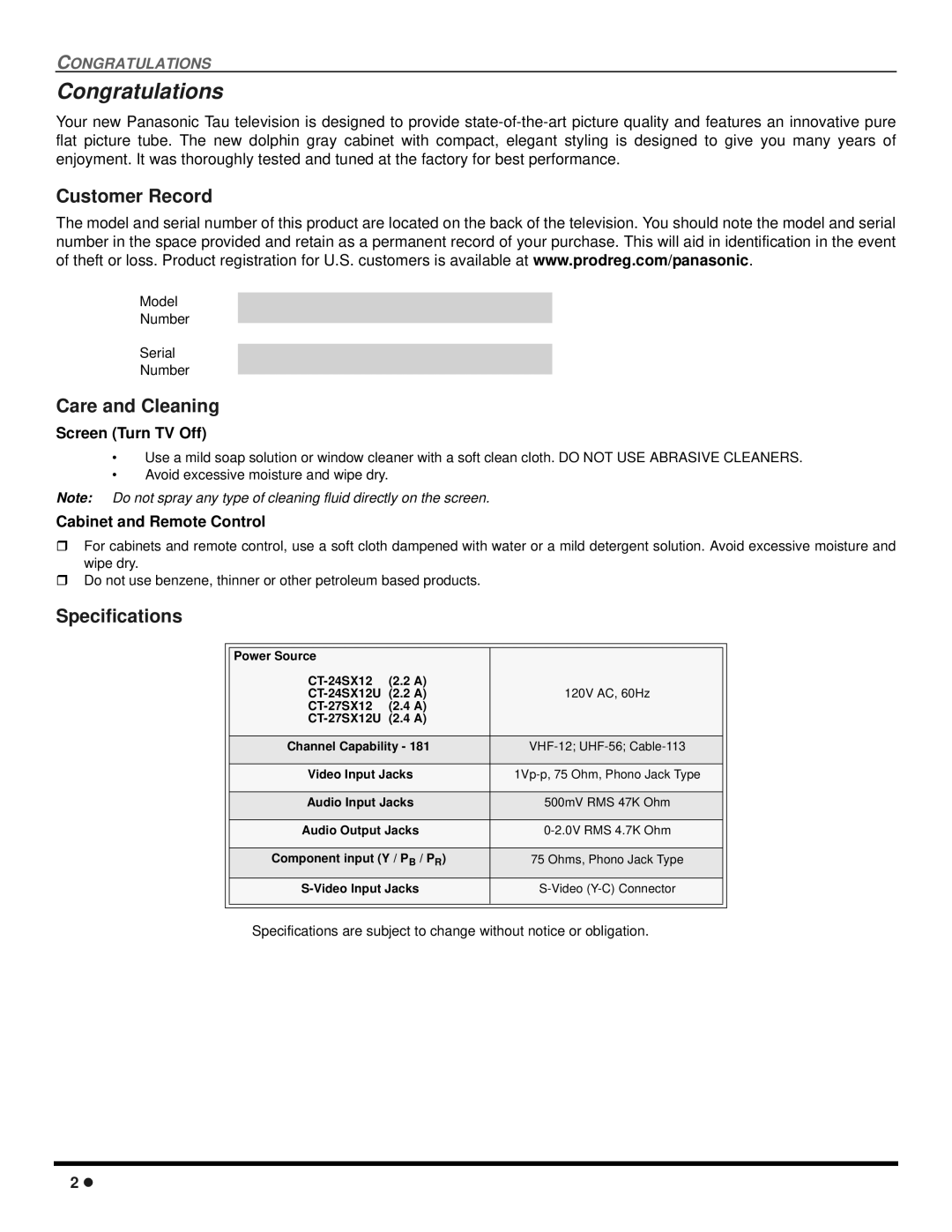 Panasonic CT 27SX12, CT 24SX12 manuel dutilisation Congratulations, Customer Record, Care and Cleaning, Specifications 