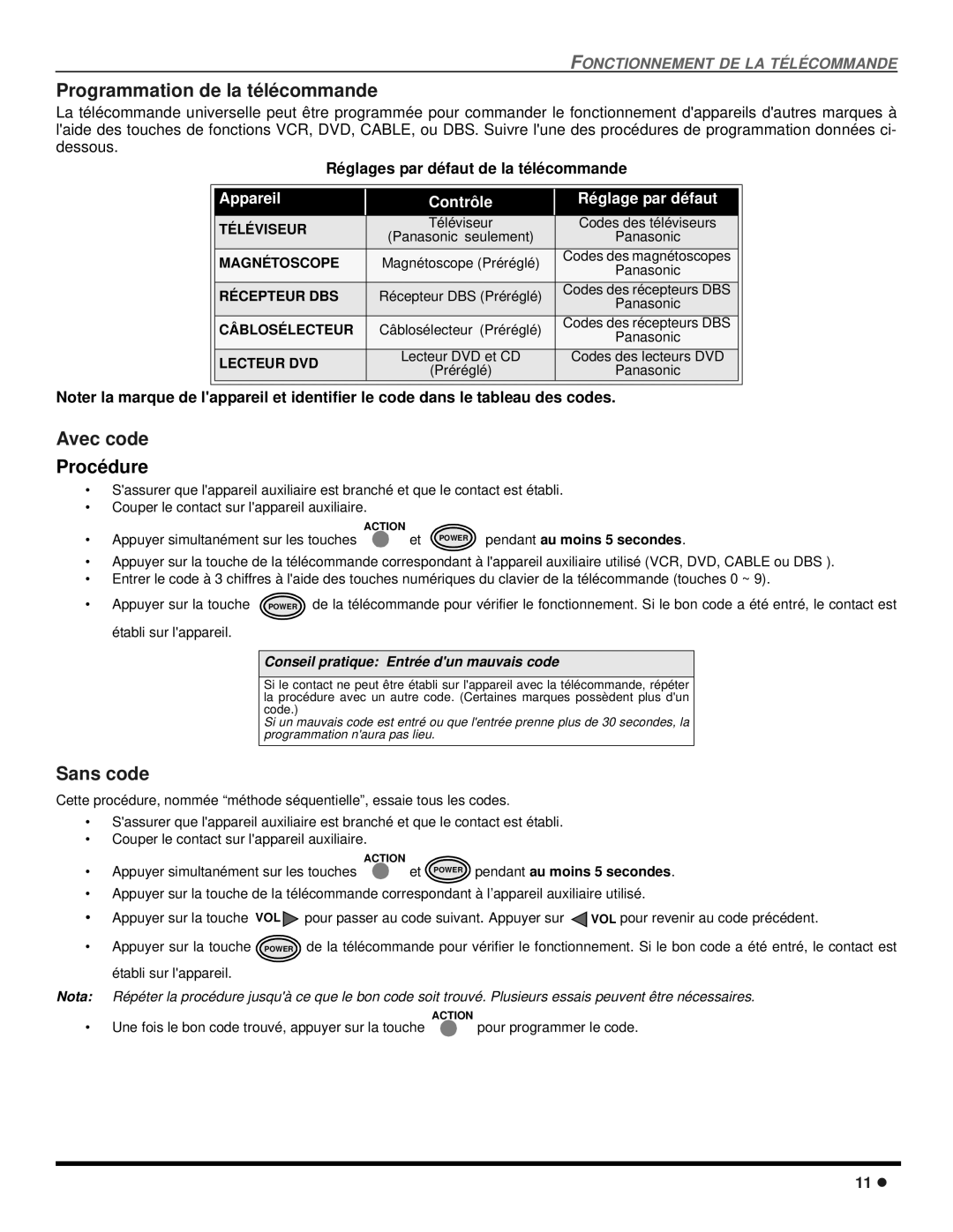 Panasonic CT 24SX12 Programmation de la télécommande, Avec code, Sans code, Réglages par défaut de la télécommande 