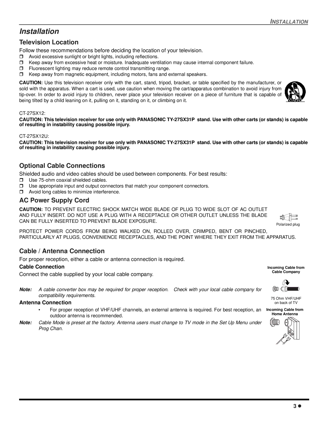 Panasonic CT 24SX12, CT 27SX12 Installation, Television Location, Optional Cable Connections, AC Power Supply Cord 