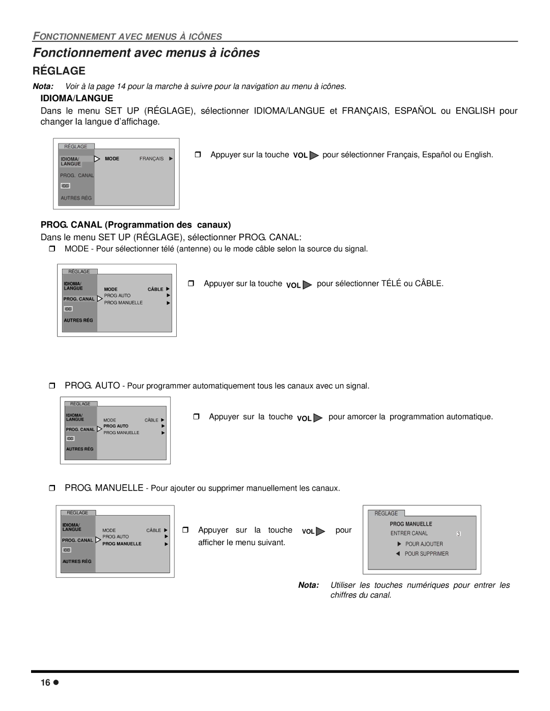 Panasonic CT 27SX12, CT 24SX12 manuel dutilisation Fonctionnement avec menus à icônes, Réglage 