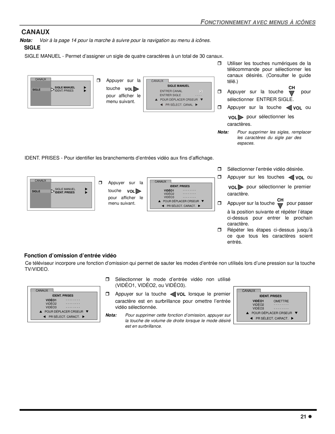 Panasonic CT 24SX12, CT 27SX12 manuel dutilisation Canaux, Sigle, Fonction d’omission d’entrée vidéo 