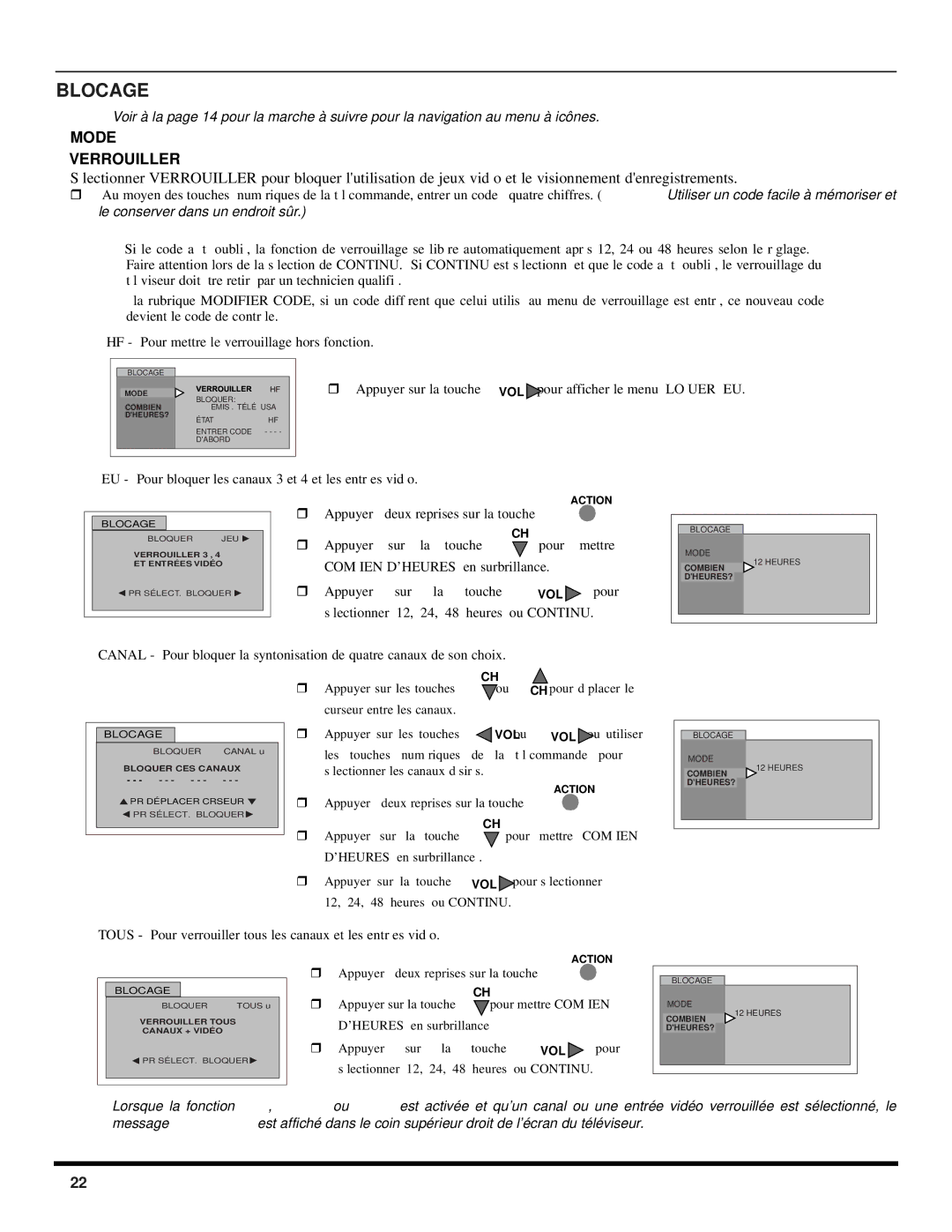 Panasonic CT 27SX12, CT 24SX12 manuel dutilisation Blocage, Mode Verrouiller 