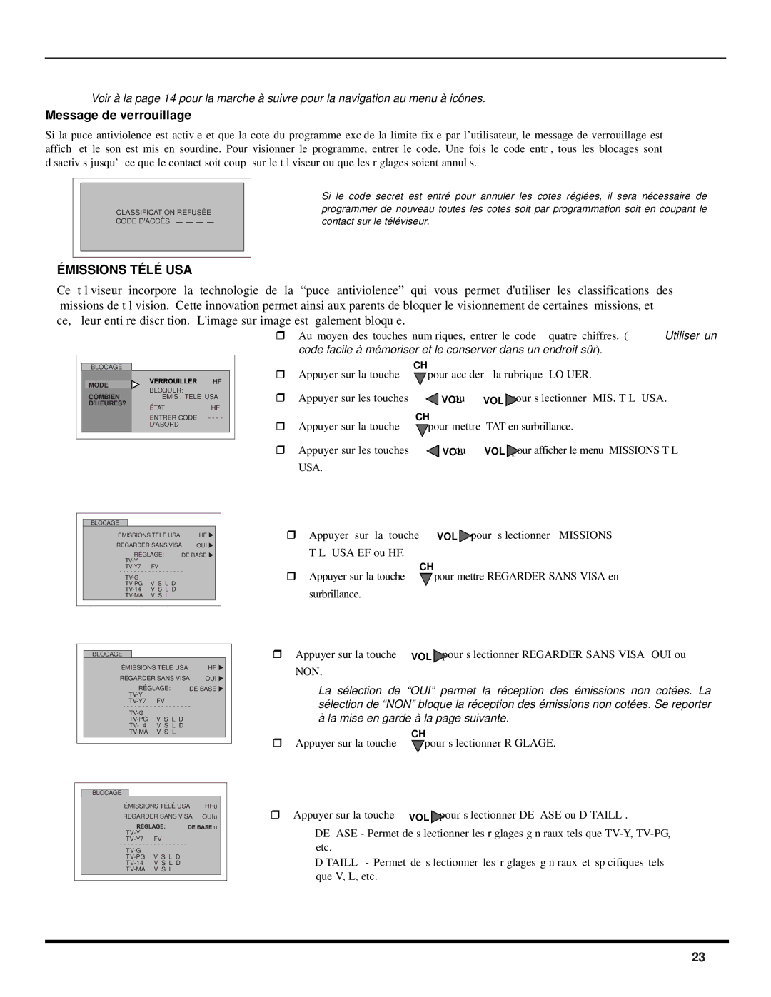 Panasonic CT 24SX12, CT 27SX12 Fonctionnement de la puce antiviolence, Message de verrouillage, Émissions Télé USA 