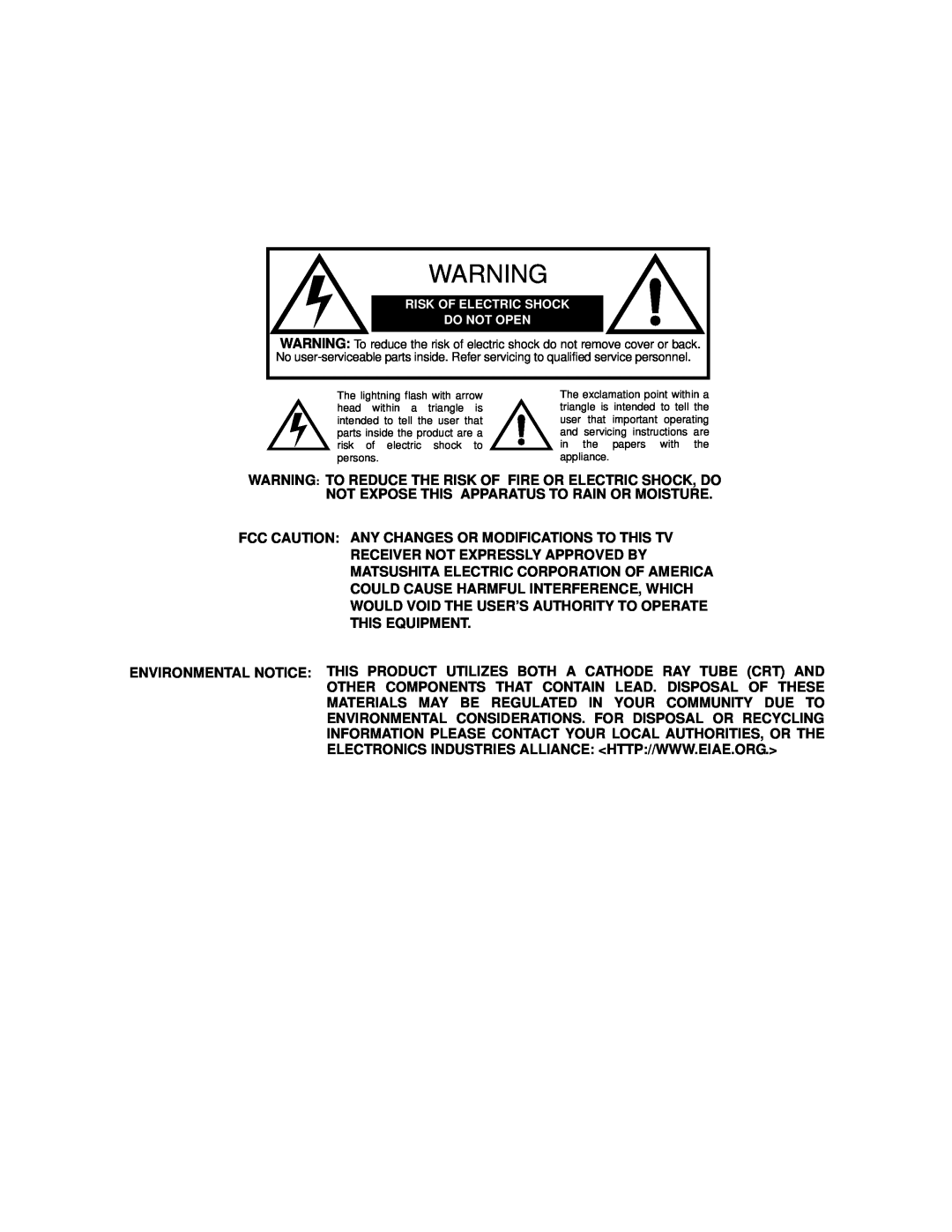Panasonic CT 27SX12, CT 24SX12 manuel dutilisation Warning To Reduce The Risk Of Fire Or Electric Shock, Do 