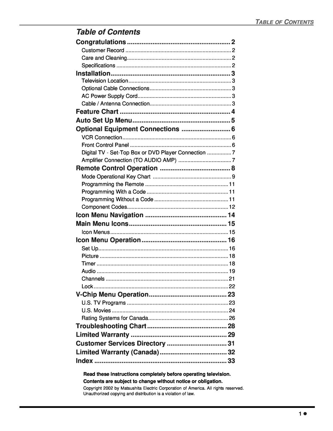Panasonic CT 24SX12, CT 27SX12 manuel dutilisation Table of Contents 