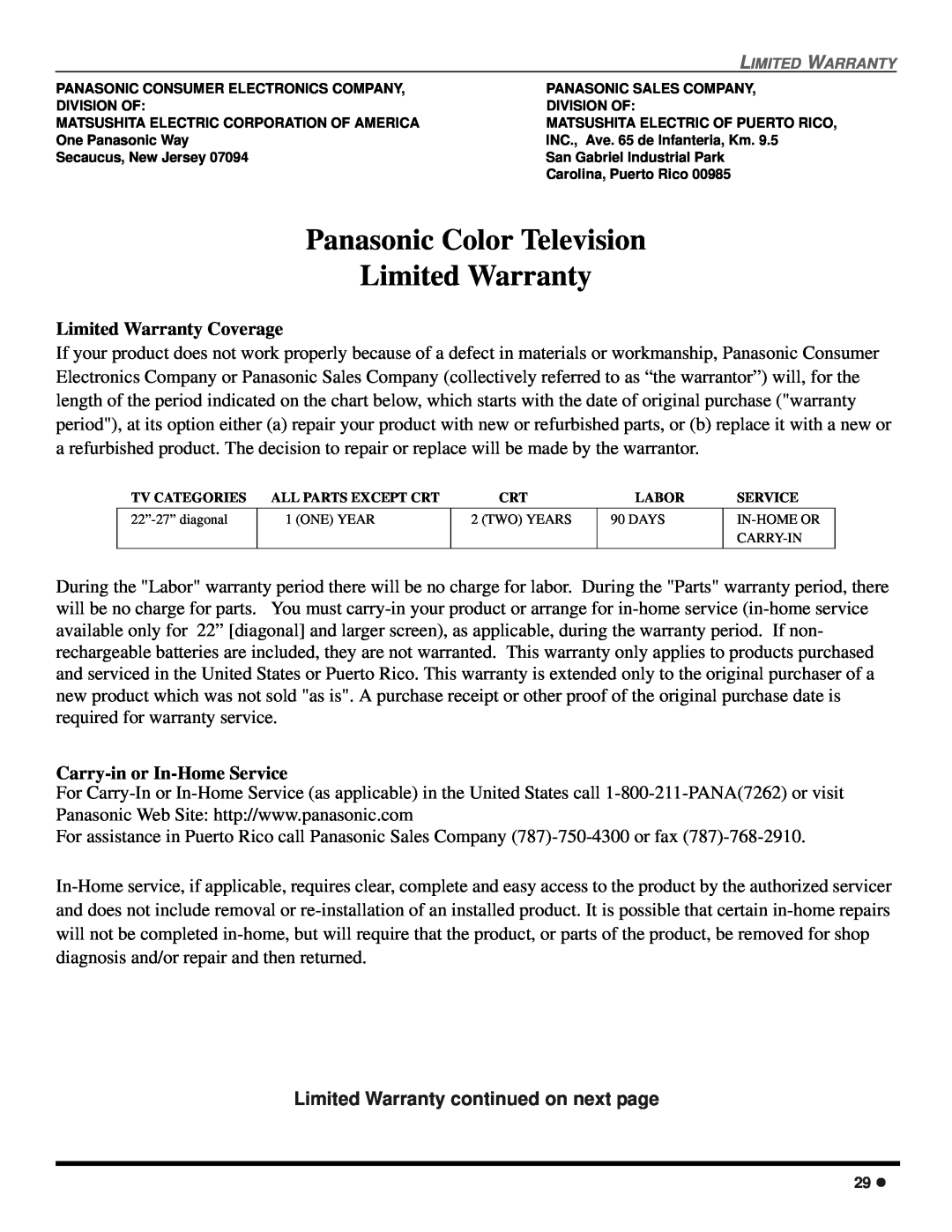 Panasonic CT 24SX12, CT 27SX12 Panasonic Color Television Limited Warranty, Limited Warranty continued on next page 