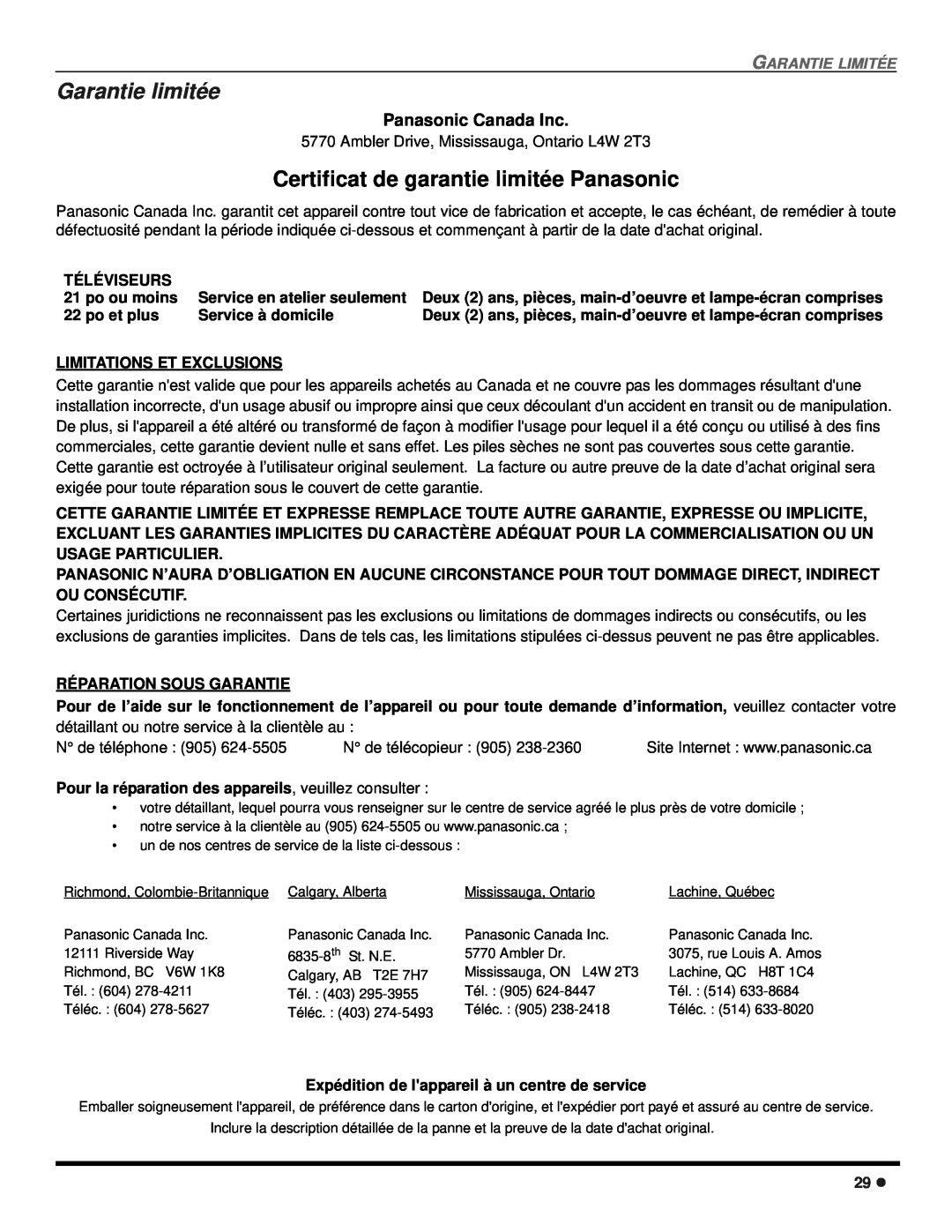 Panasonic CT 24SX12 Garantie limitée, Certificat de garantie limitée Panasonic, Panasonic Canada Inc, Garantie Limitée 