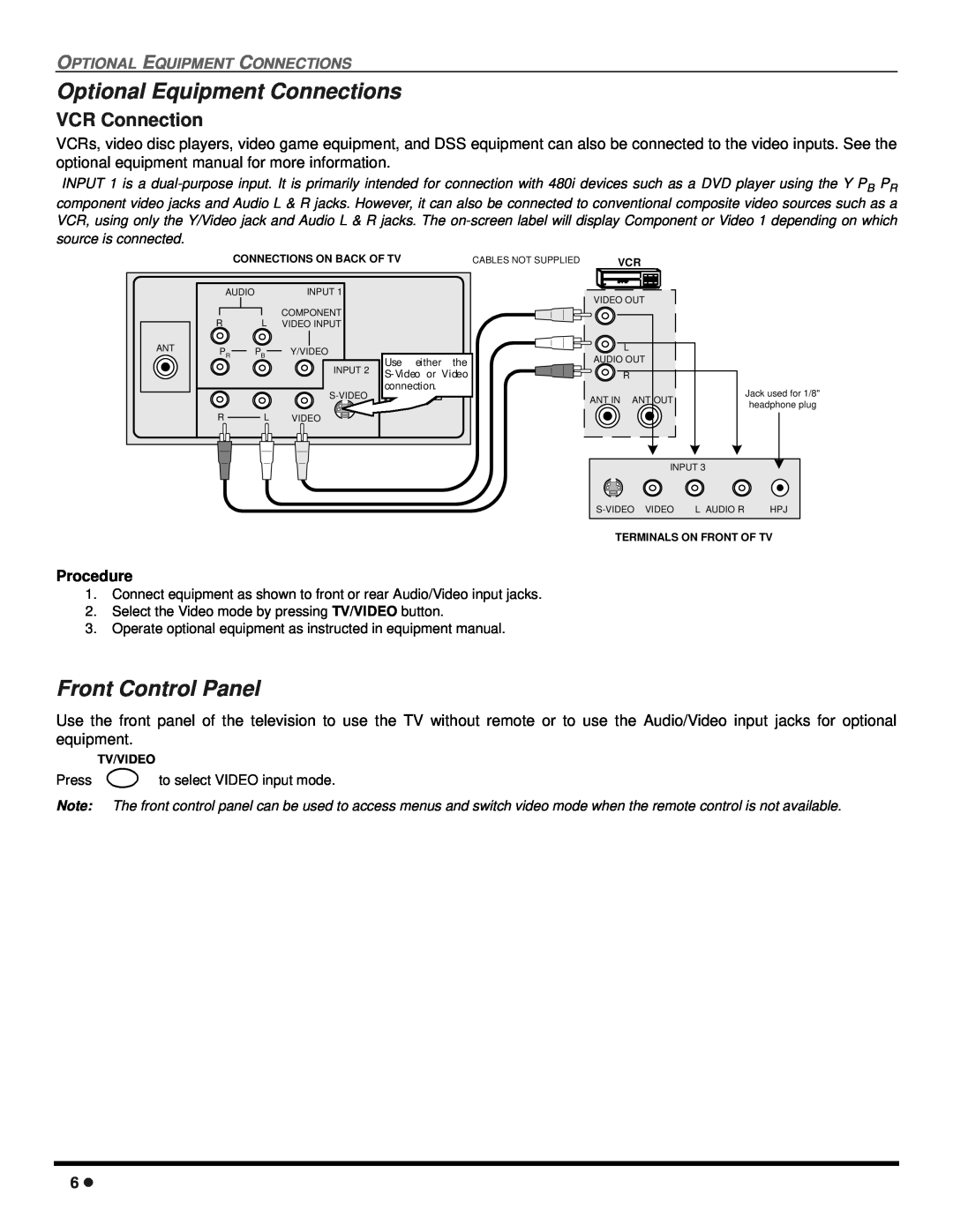 Panasonic CT 27SX12, CT 24SX12 Optional Equipment Connections, Front Control Panel, VCR Connection, Procedure 