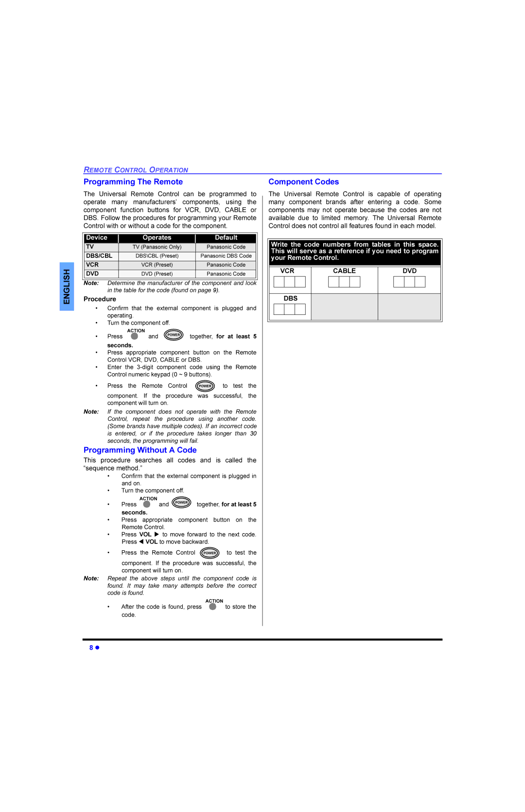 Panasonic CT 32E13, CT 27E13, CT 36E13 manual 3URJUDPPLQJ7KH5HPRWH, 3URJUDPPLQJLWKRXW$&RGH, Rpsrqhqw&Rghv, ?&%/3UVHW, Vhfrqgv 