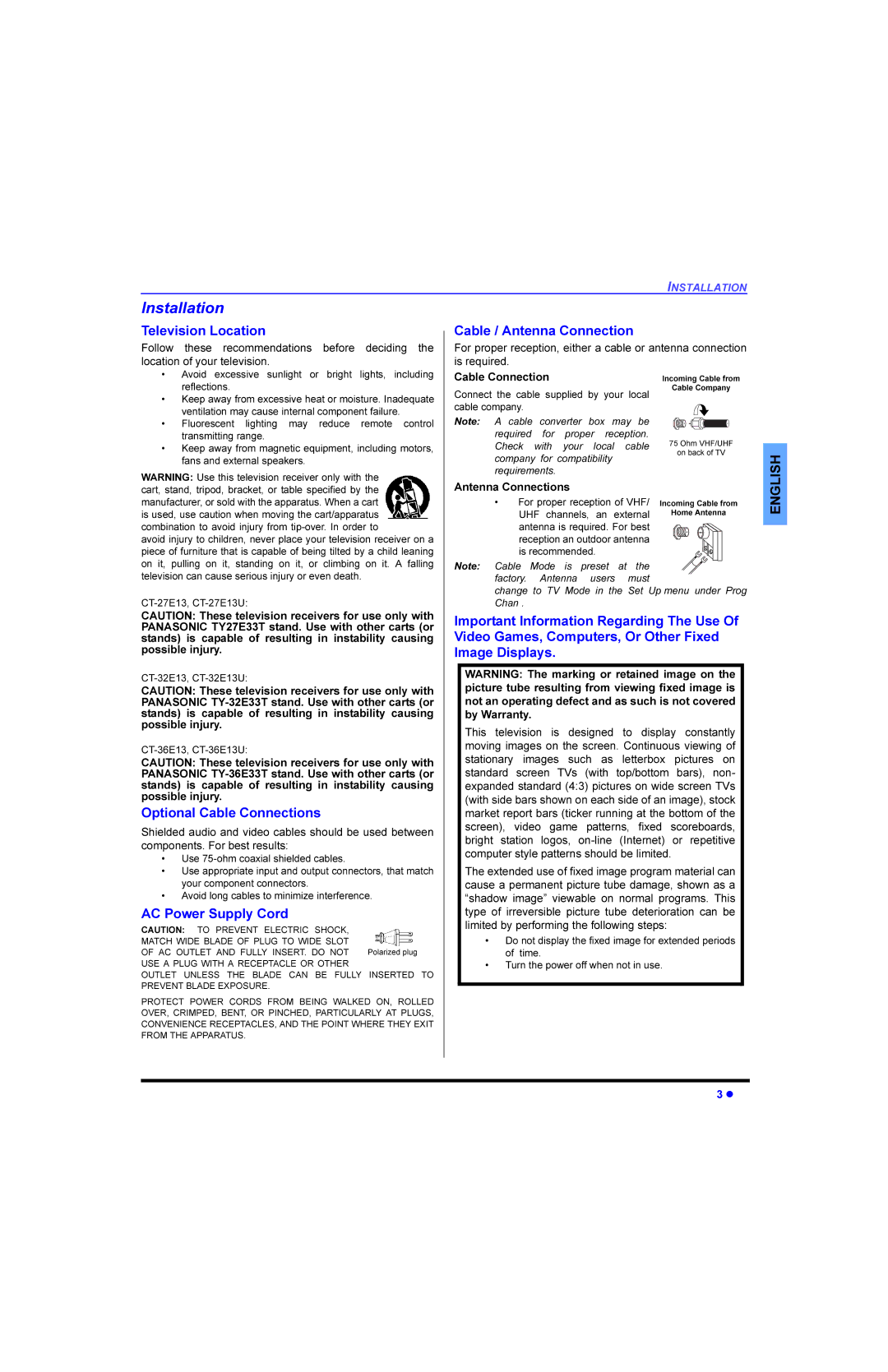 Panasonic CT-G2973L, CT 32E13, CT 27E13, CT 36E13, CT-G3353X, CT-36E13 manual Qvwdoodwlrq, 7HOHYLVLRQ/RFDWLRQ, Pdjhlvsod\V 