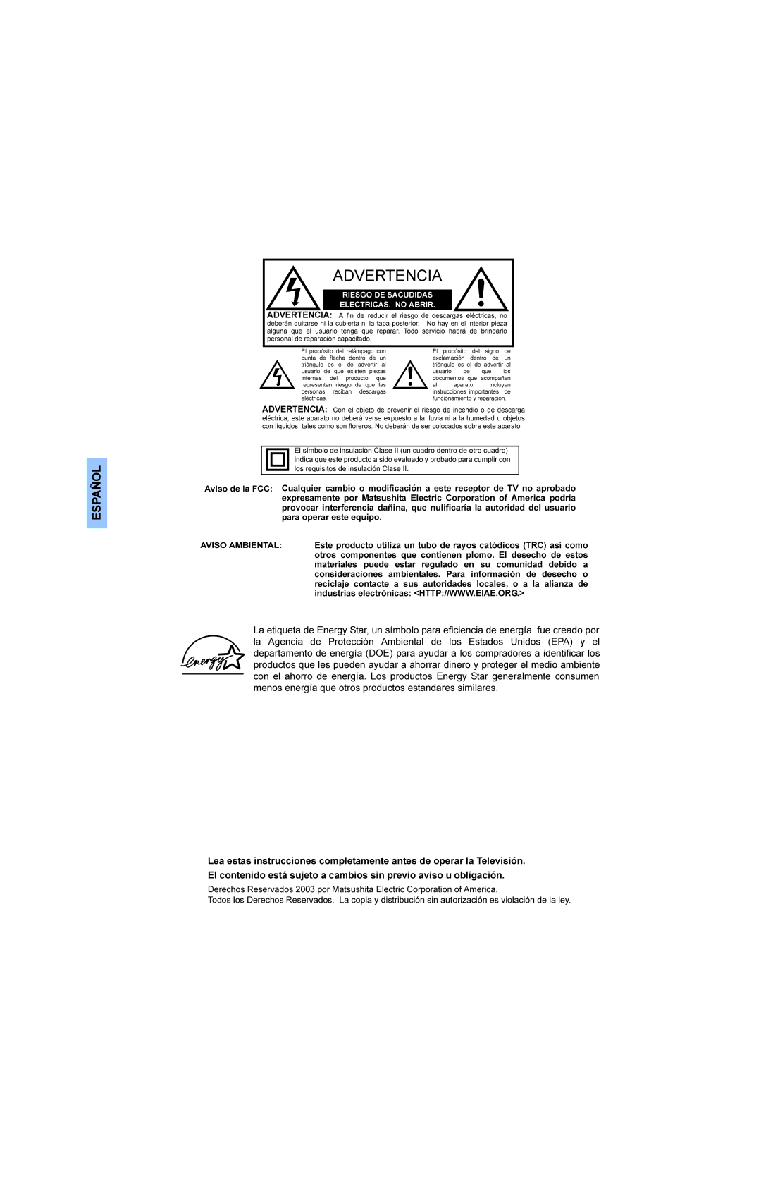 Panasonic CT 36E33, CT 32E33, CT 27E33, CT-G2983 manual 63$f2, HUHFKRV5HVHUYDGRVSRU0DWVXVKLWDOHFWULF&RUSRUDWLRQRI$PHULFD 