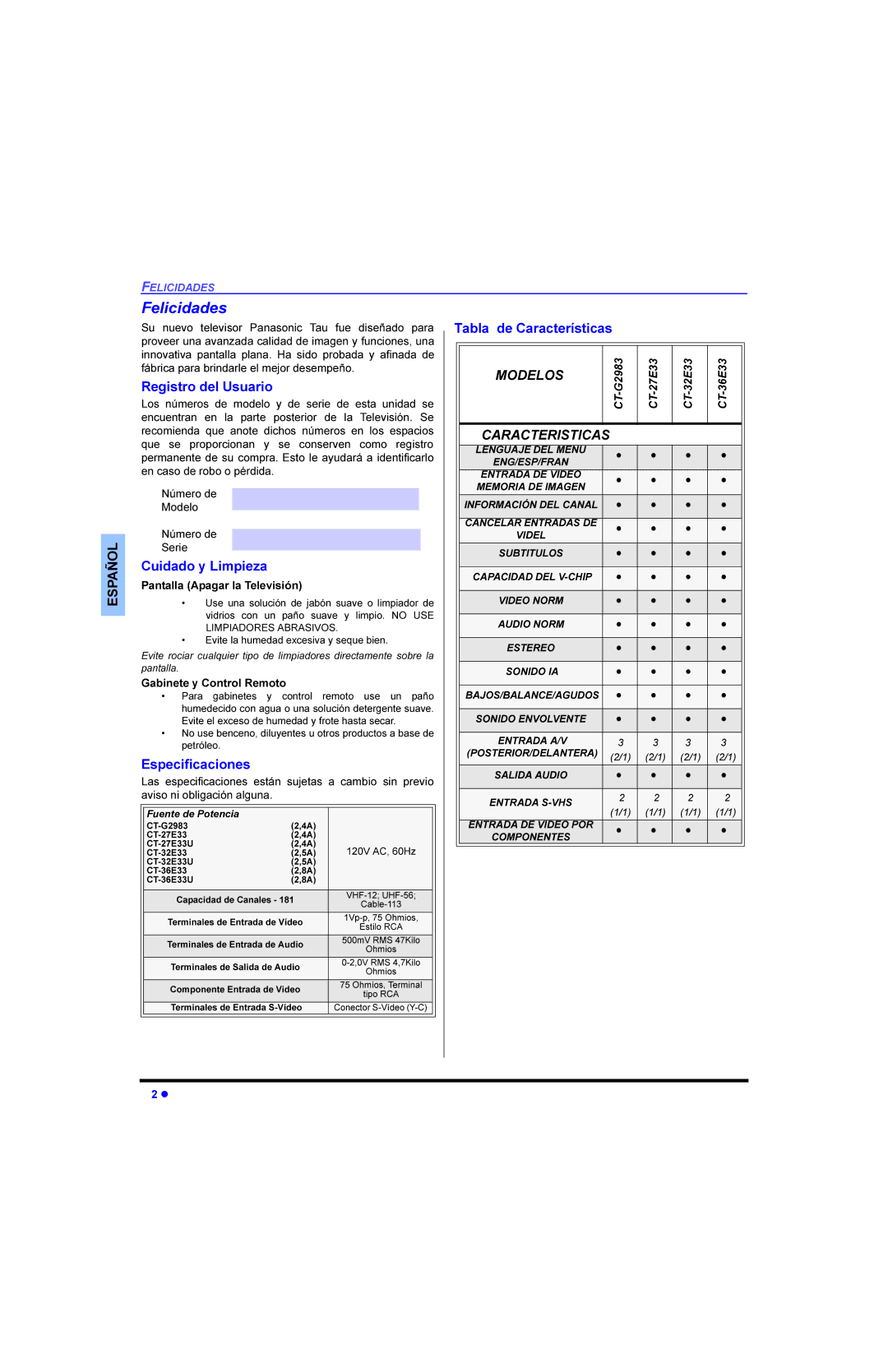 Panasonic CT 32E33, CT 27E33 manual Holflgdghv, 5HJLVWURGHO8VXDULR, Xlgdgr\/Lpslhd, Vshflilfdflrqhv, 7DEODGH&DUDFWHUtVWLFDV 