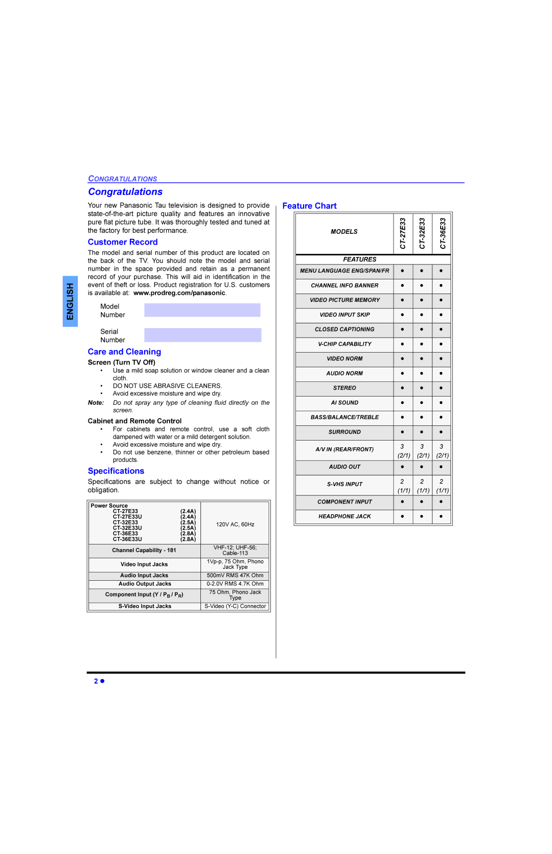 Panasonic CT 32E33, CT 27E33, CT 36E33 Rqjudwxodwlrqv, 6SHFLILFDWLRQV, DELQHWDQG5HPRWH&RQWURO, Kdqqo&Ddelolw, Reoljdwlrq 