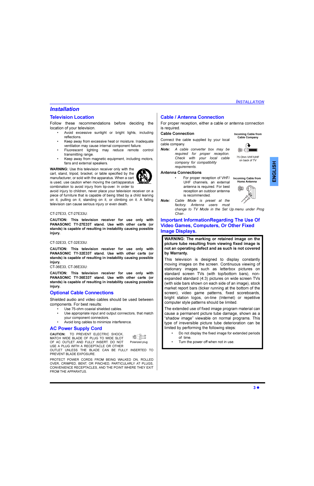 Panasonic CT 27E33, CT 32E33, CT 36E33, CT-G2983 manual Qvwdoodwlrq, 7HOHYLVLRQ/RFDWLRQ, Pdjhlvsod\V 